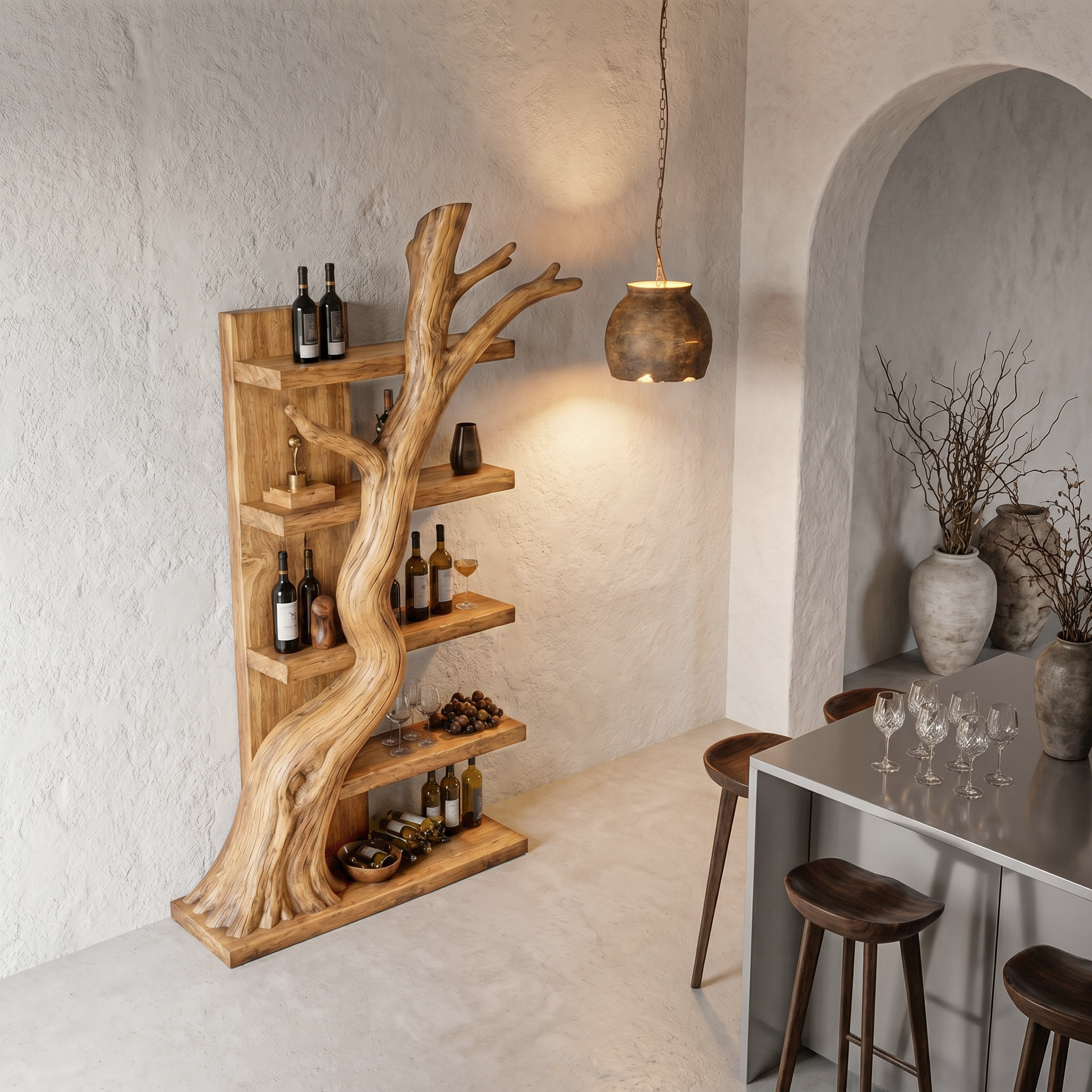 Rustic Tree Wine Rack With Solid Wood Shelves And Sculptural Root Base For Home Bar