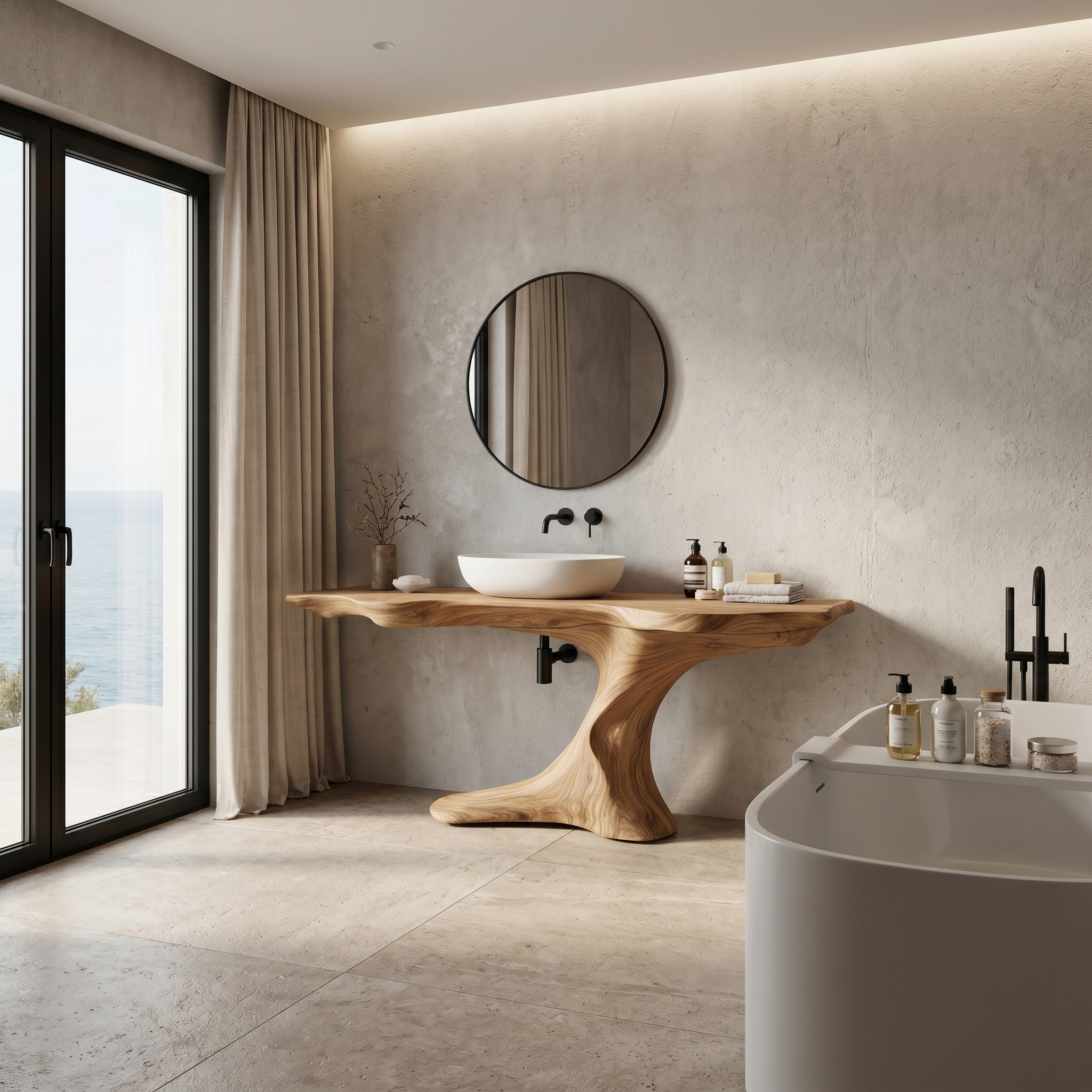 Rustic Organic Bathroom Vanity With Live Edge Countertop And Sculptural Tree Root Base