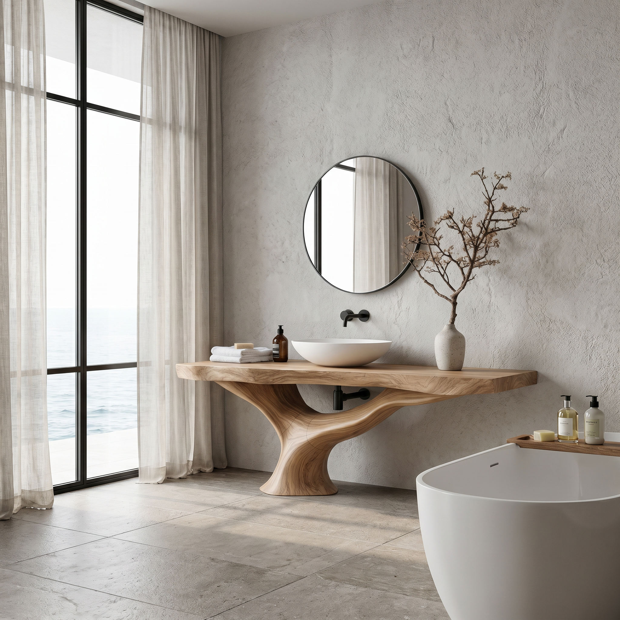 Contemporary Bathroom Vanity With Organic Wood Countertop And Artistic Base For Bathroom