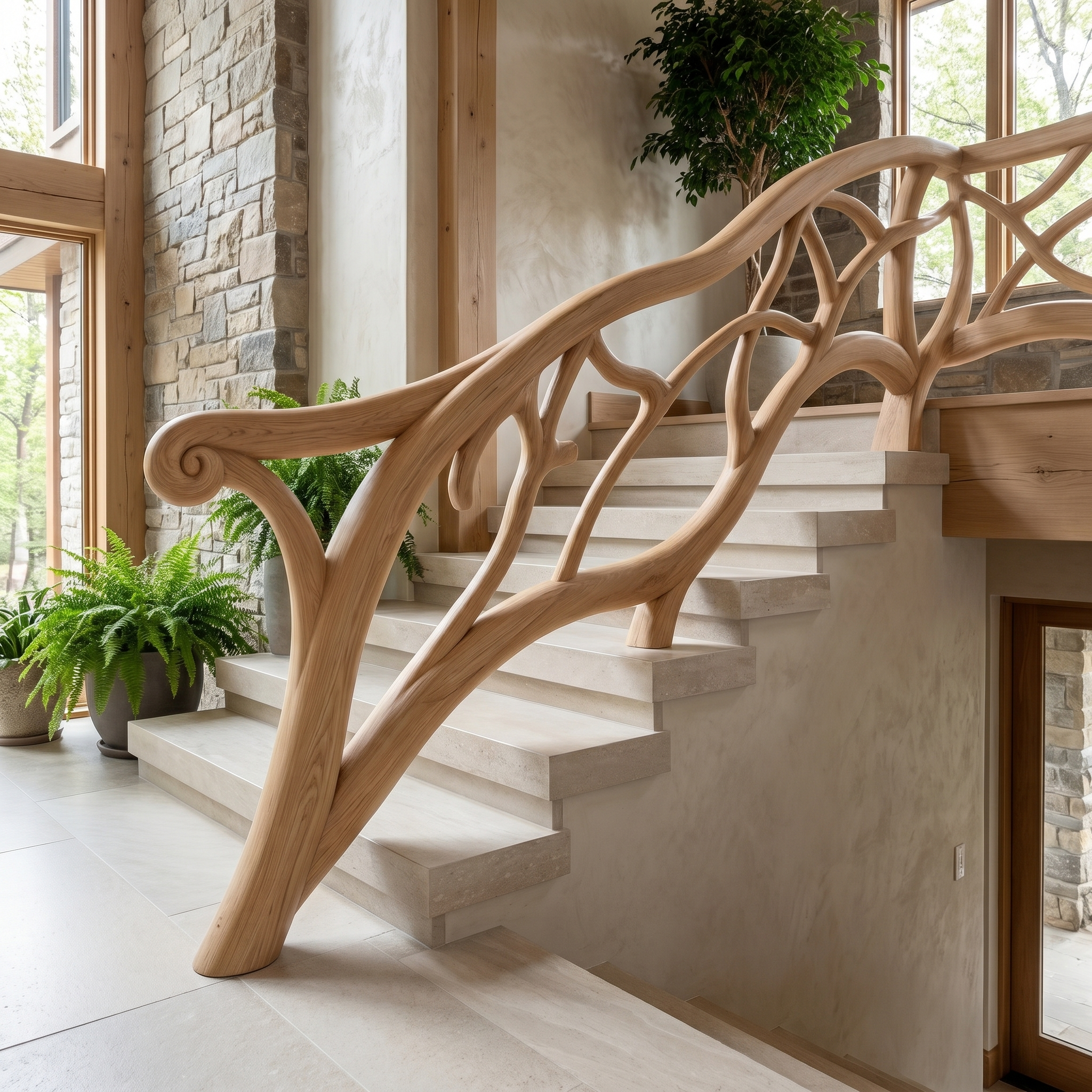 Artistic Tree Branch Stair Railing With Sculptural Wood Design For Interior Staircase