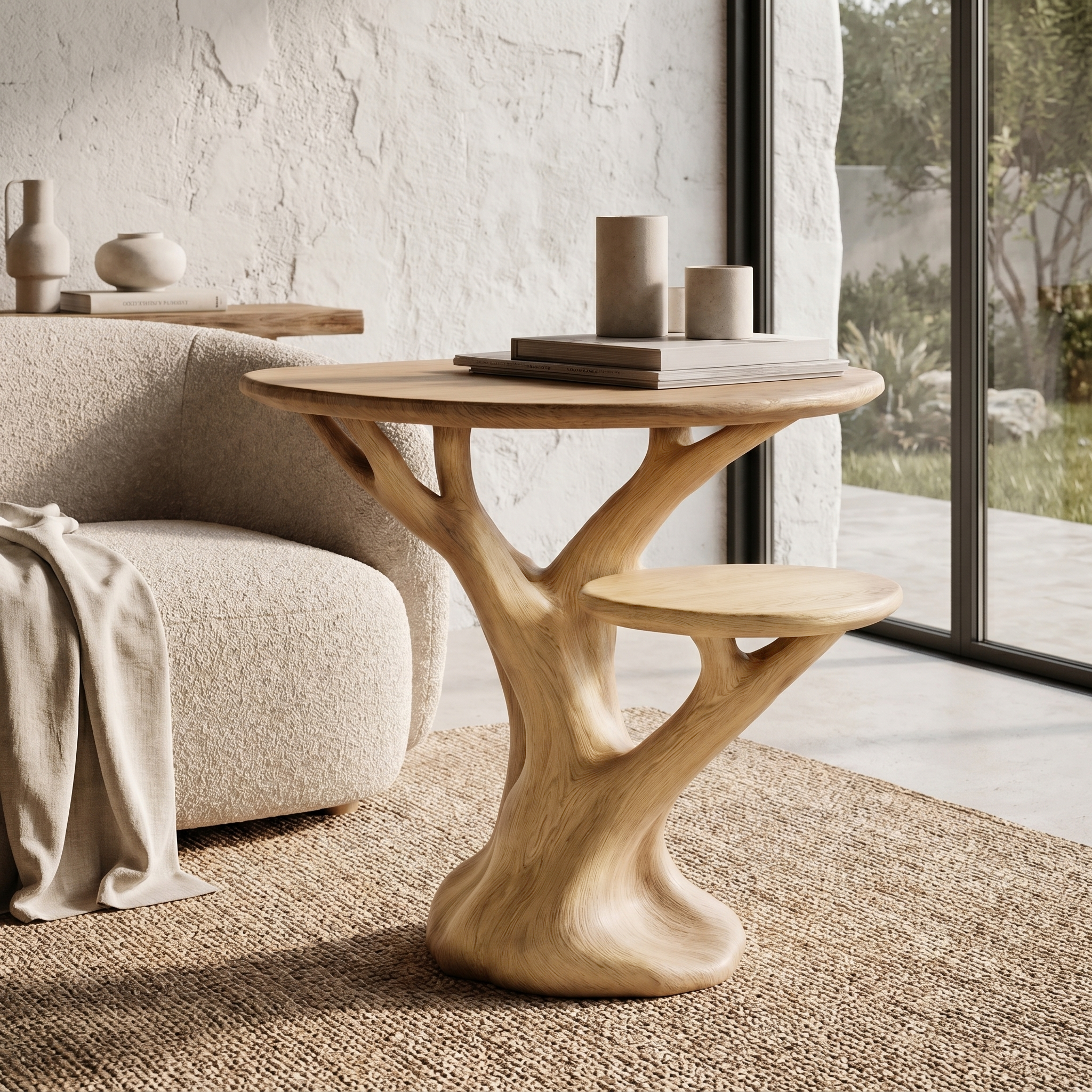 Organic Sculptural Side Table With Tree Inspired Solid Wood Base For Living Room And Bedroom