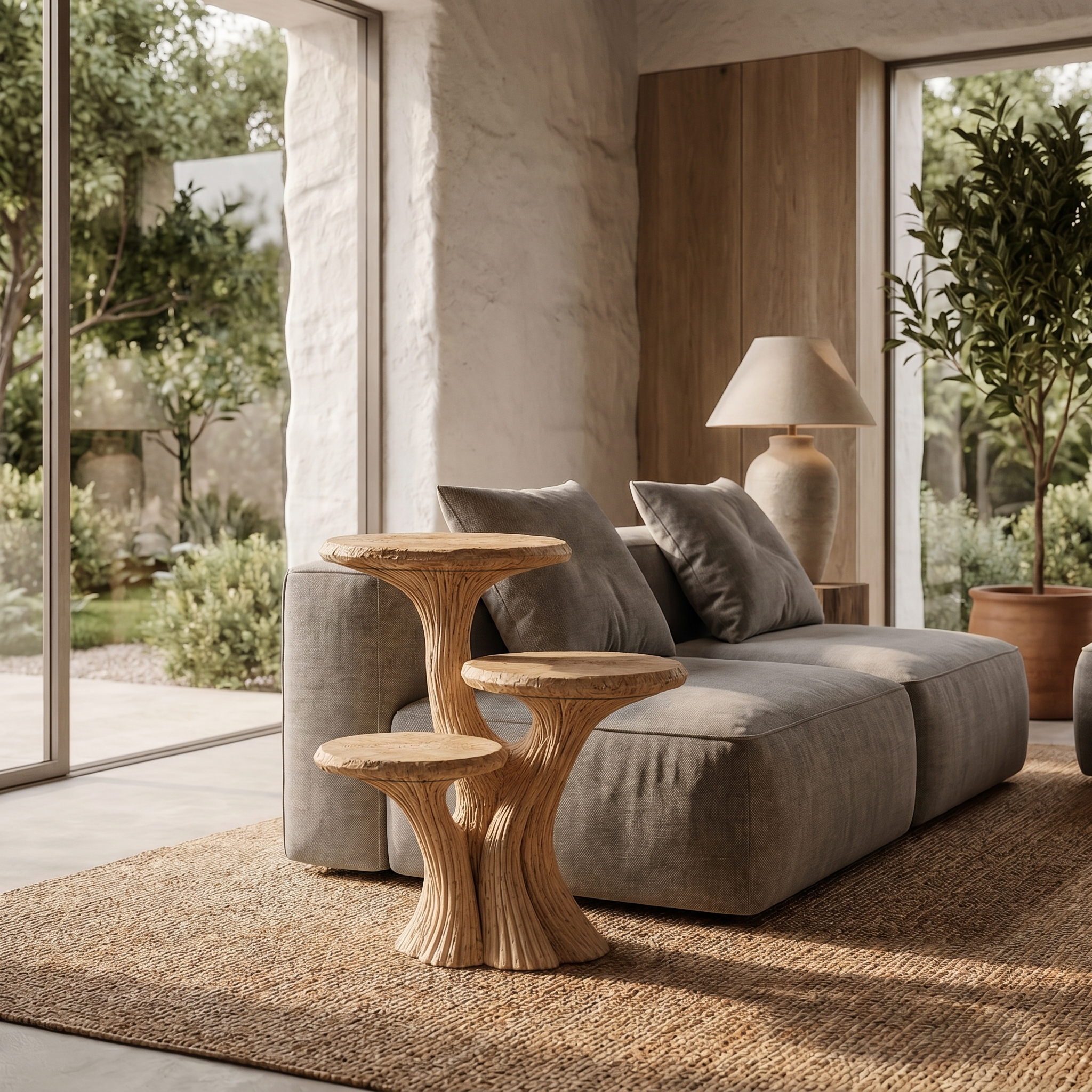Contemporary Tiered Side Table With Sculptural Solid Wood Design For Living Room And Bedroom