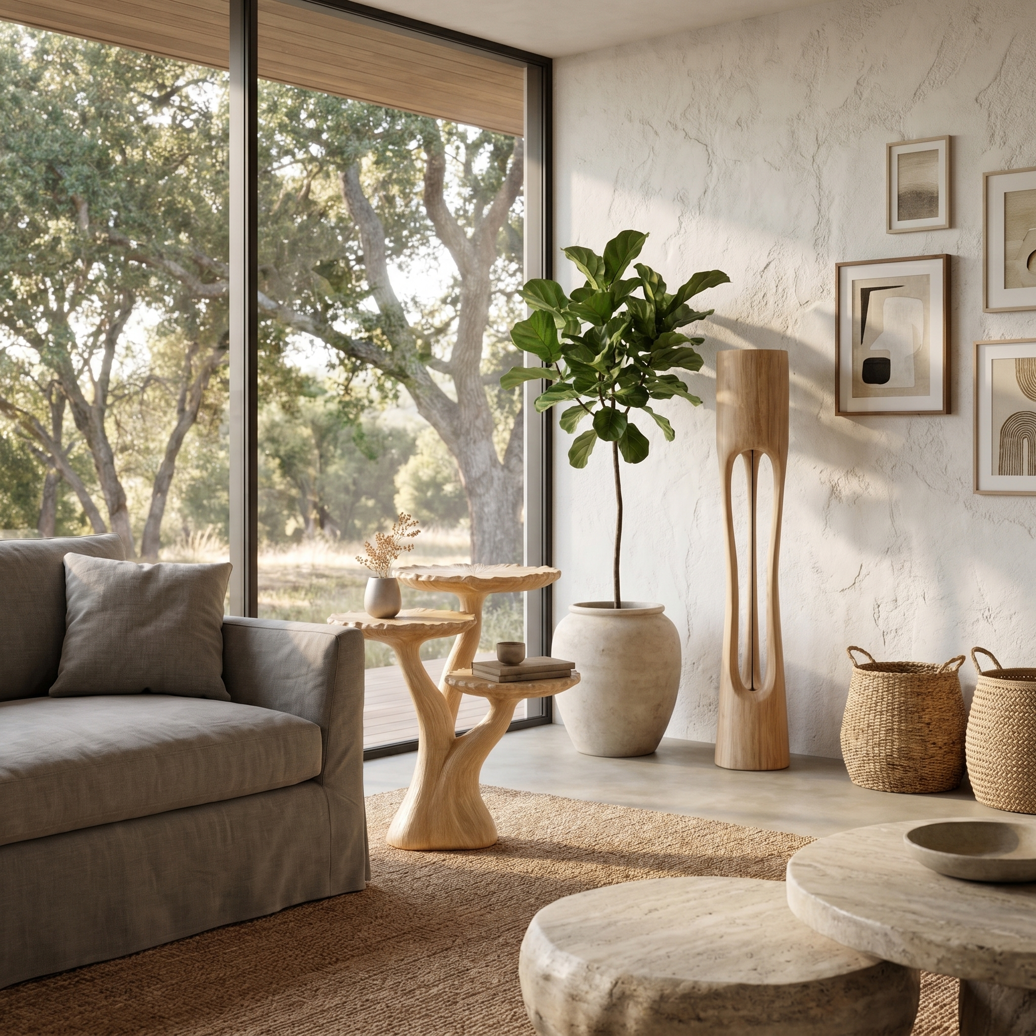 Organic Sculptural Side Table With Multi Tier Solid Wood Shelves For Living Room And Bedroom