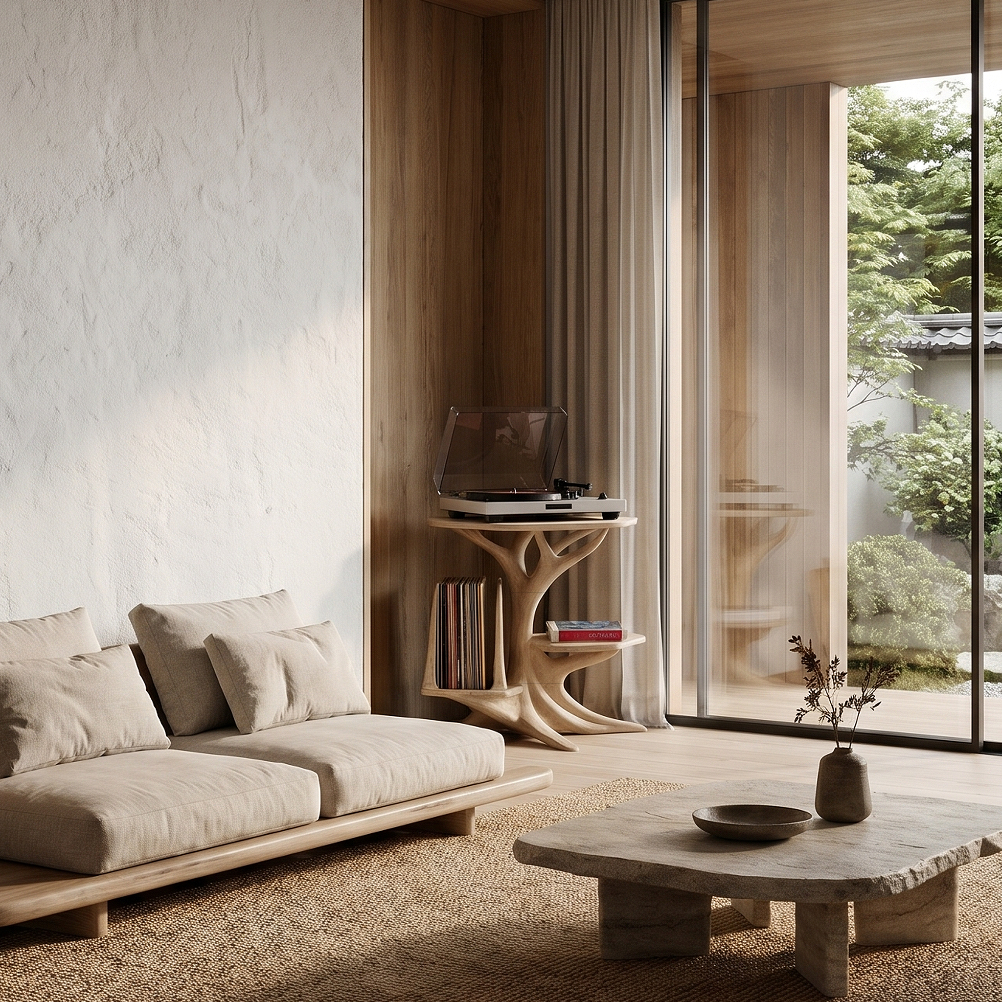 Modern Record Player Stand With Sculptural Solid Wood Base And Vinyl Storage For Living Room