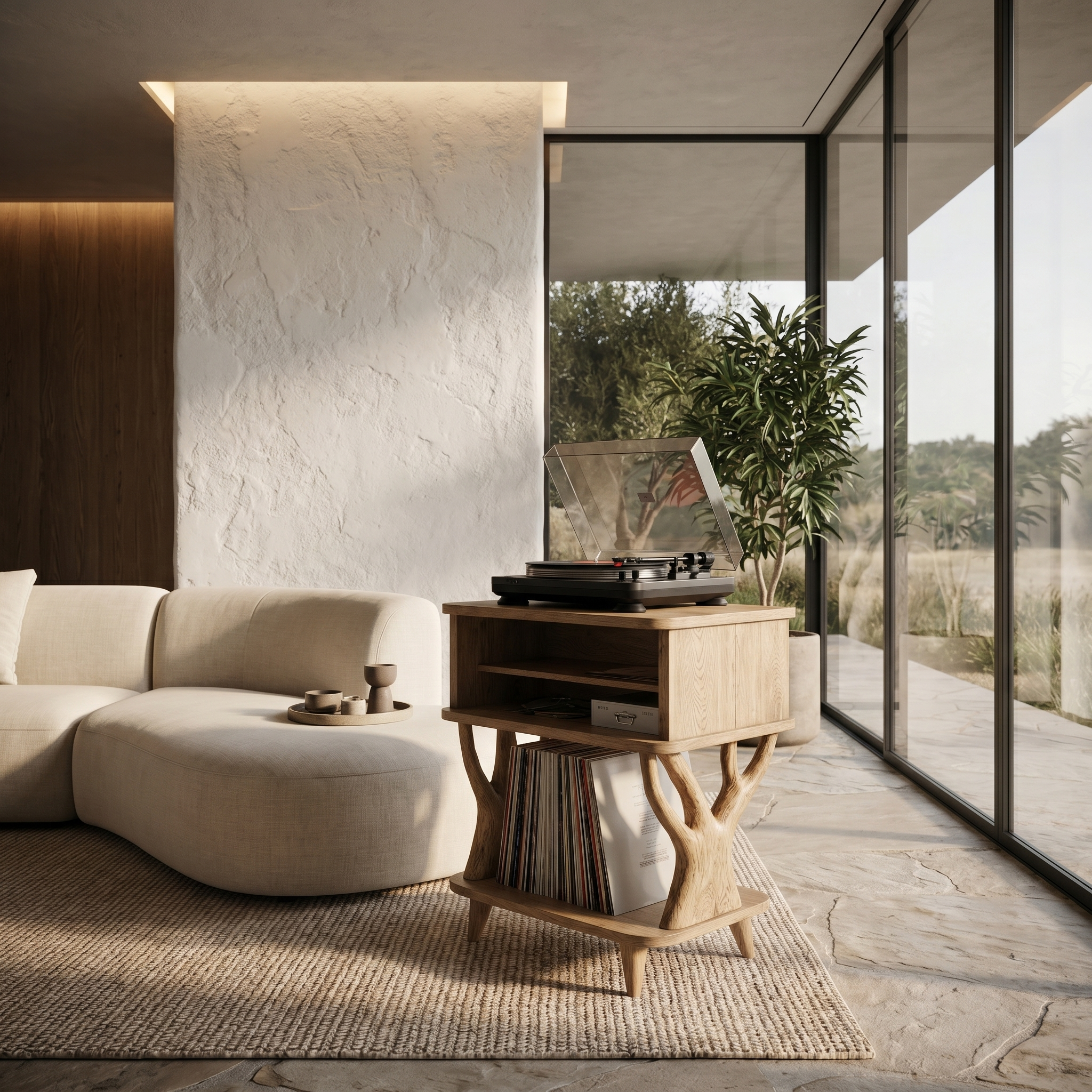 Organic Record Player Stand With Built In Drawer Storage And Vinyl Shelf For Living Room