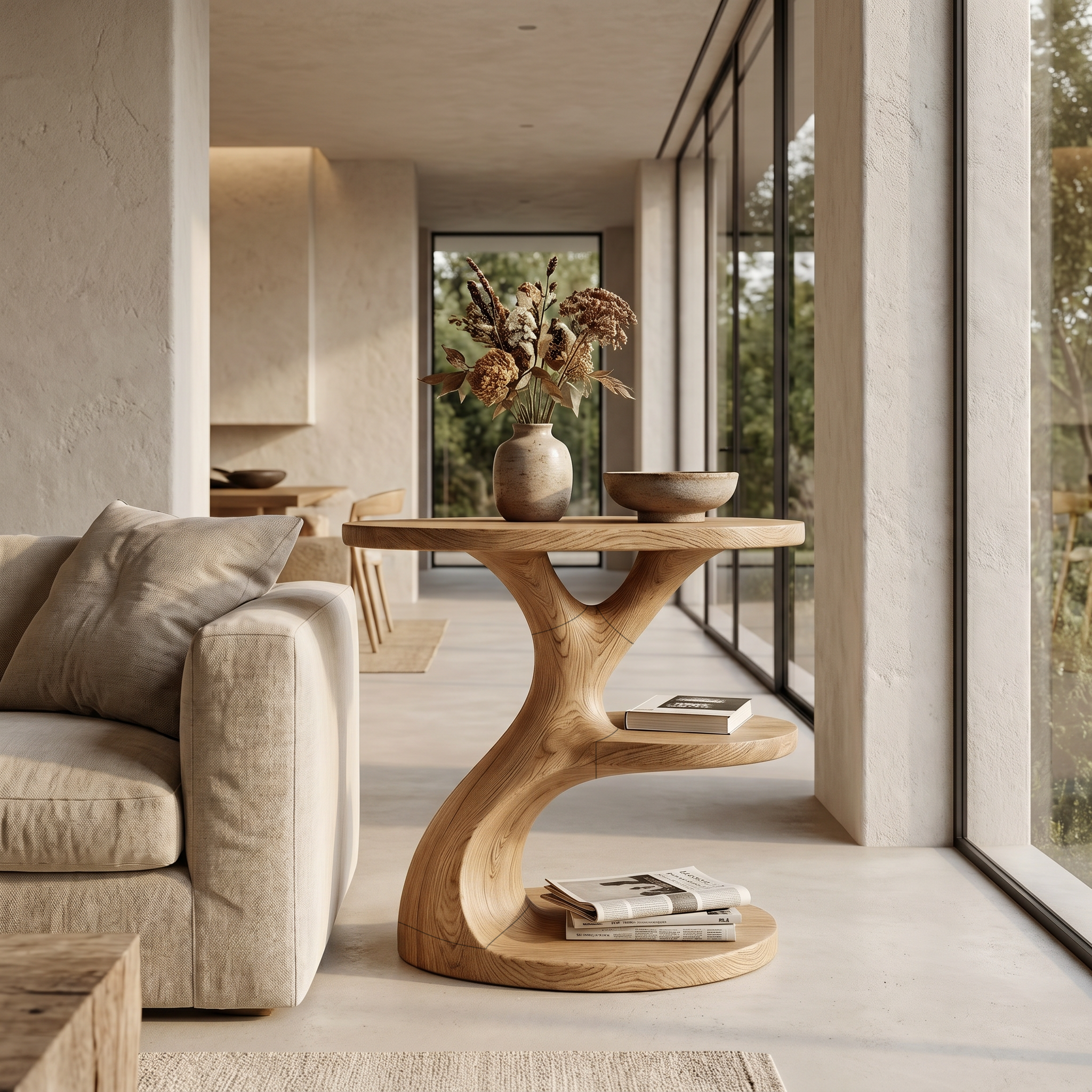 Modern Organic Side Table With Multi Level Wood Shelves For Living Room And Bedroom