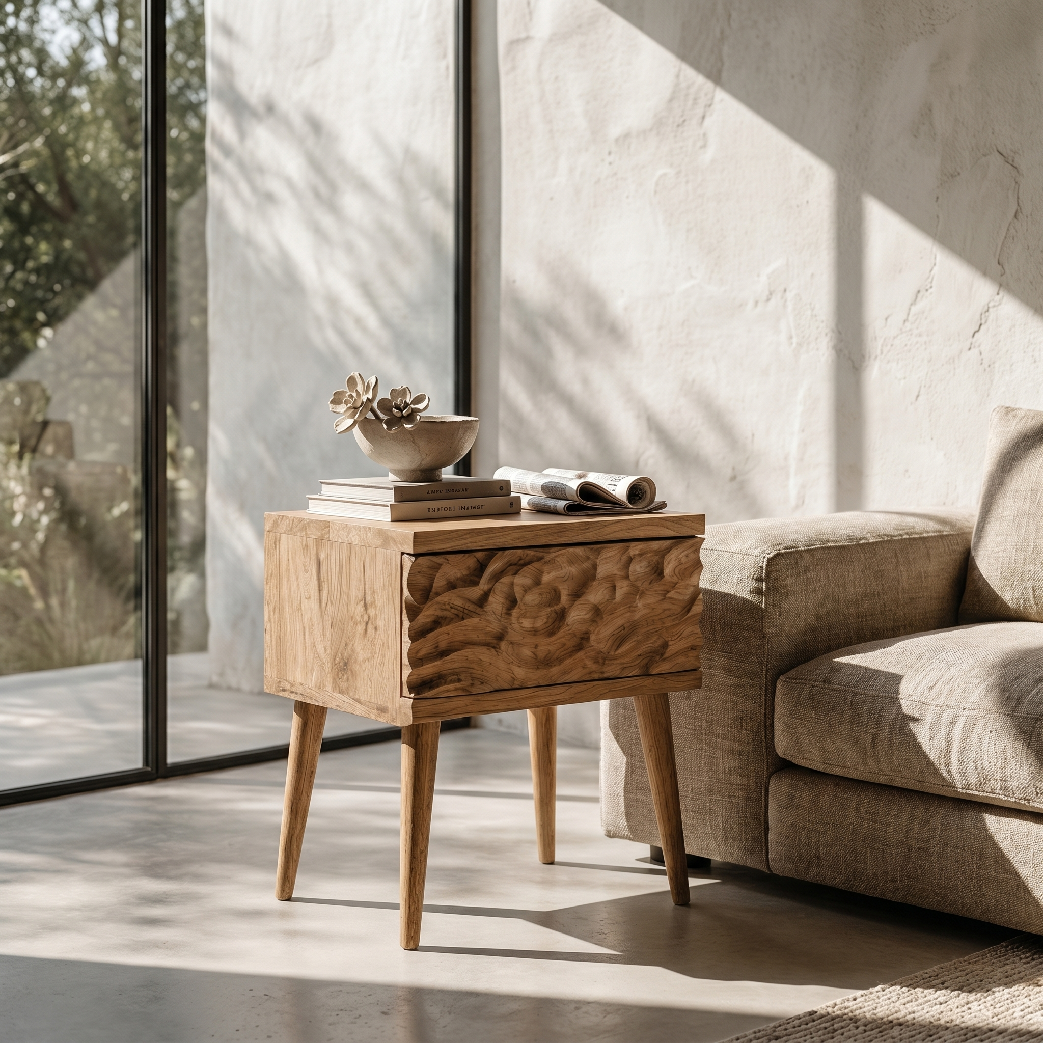 Mid Century Modern Side Table With Carved Wood Drawer And Open Shelf For Living Room And Bedroom
