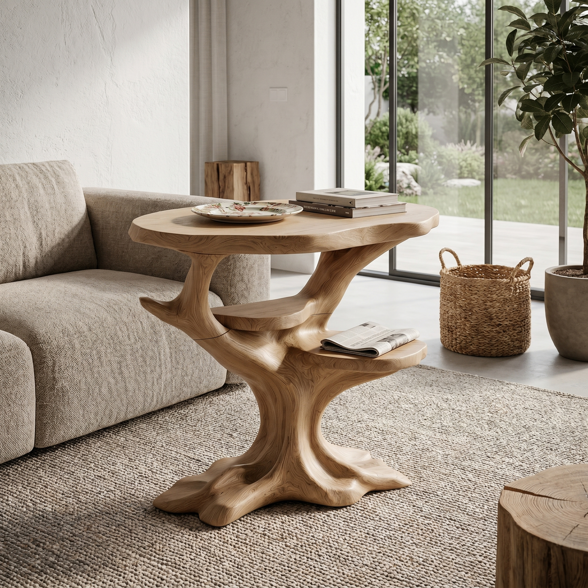 Organic Sculptural Side Table With Solid Wood Display Shelves For Living Room And Bedroom