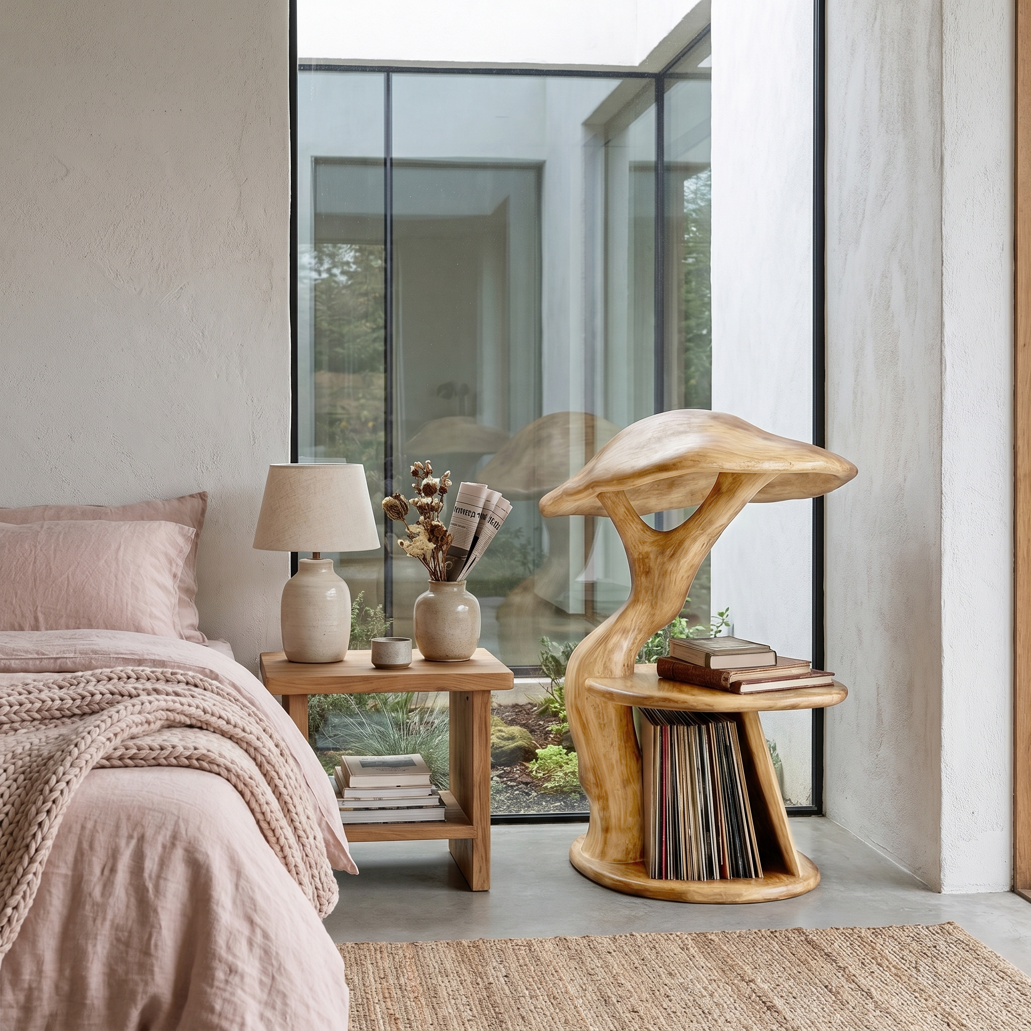 Organic Mushroom Nightstand With Sculptural Solid Wood Design And Vinyl Storage For Bedroom