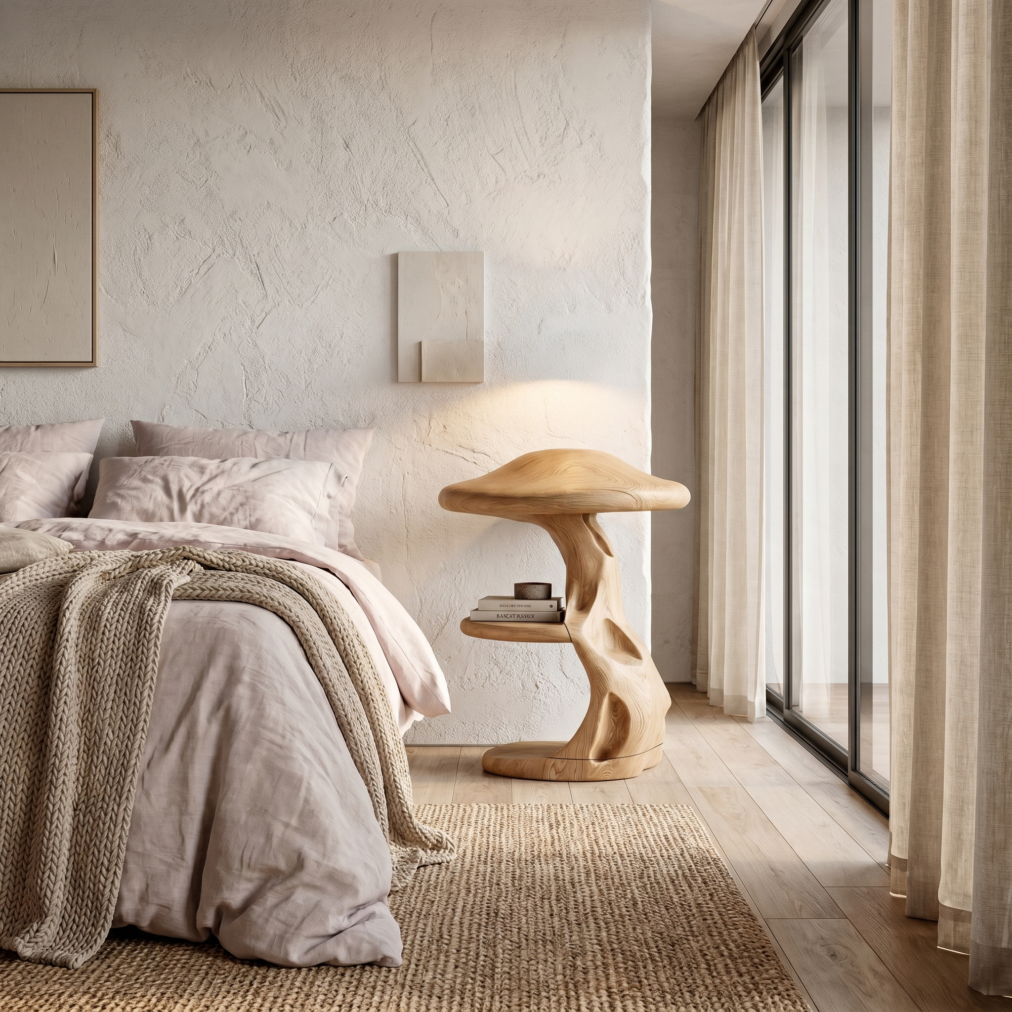 Rustic Mushroom Nightstand With Sculptural Tree Root Base And Built In Drawer For Bedroom