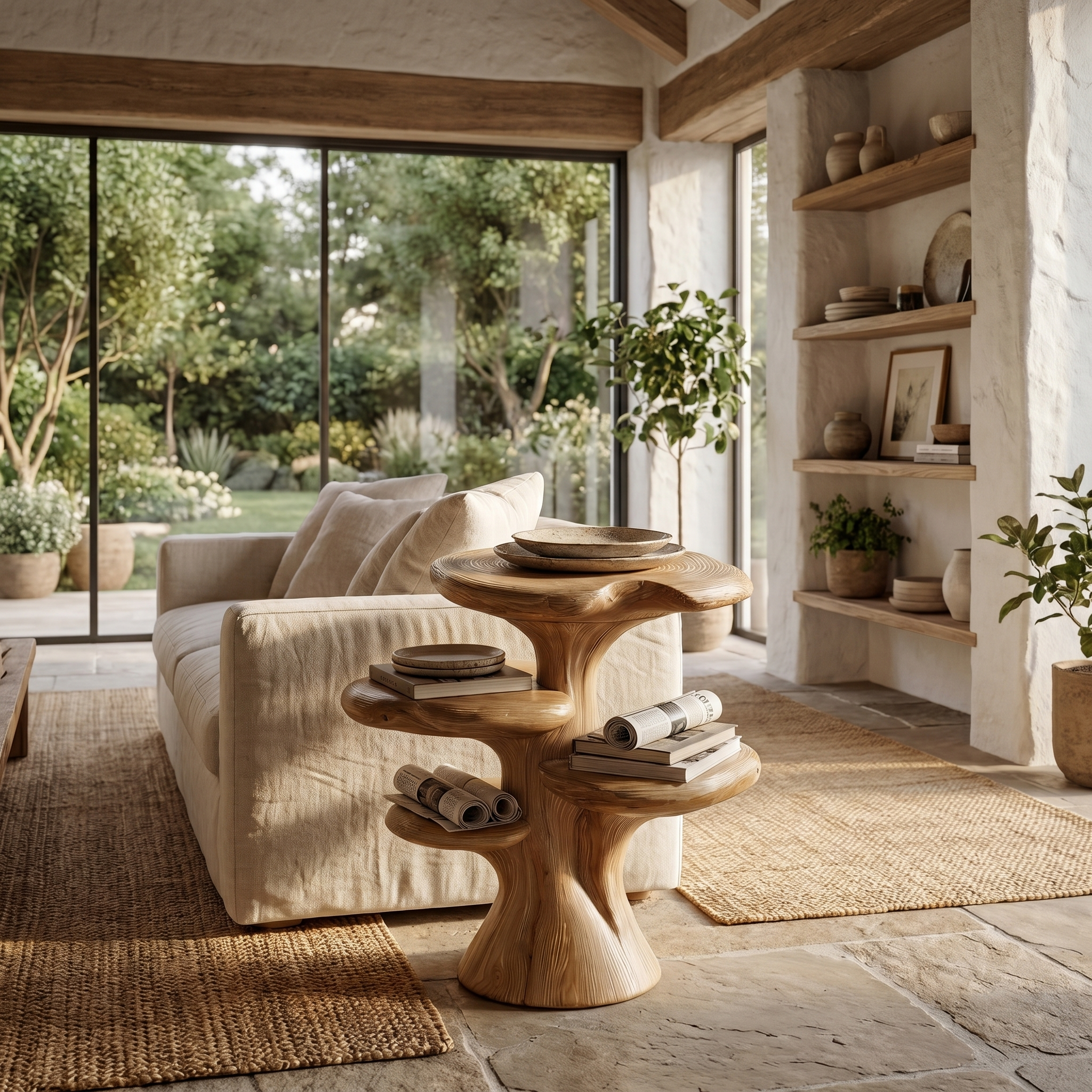 Organic Sculptural Beside Table With Tiered Solid Wood Shelves For Living Room