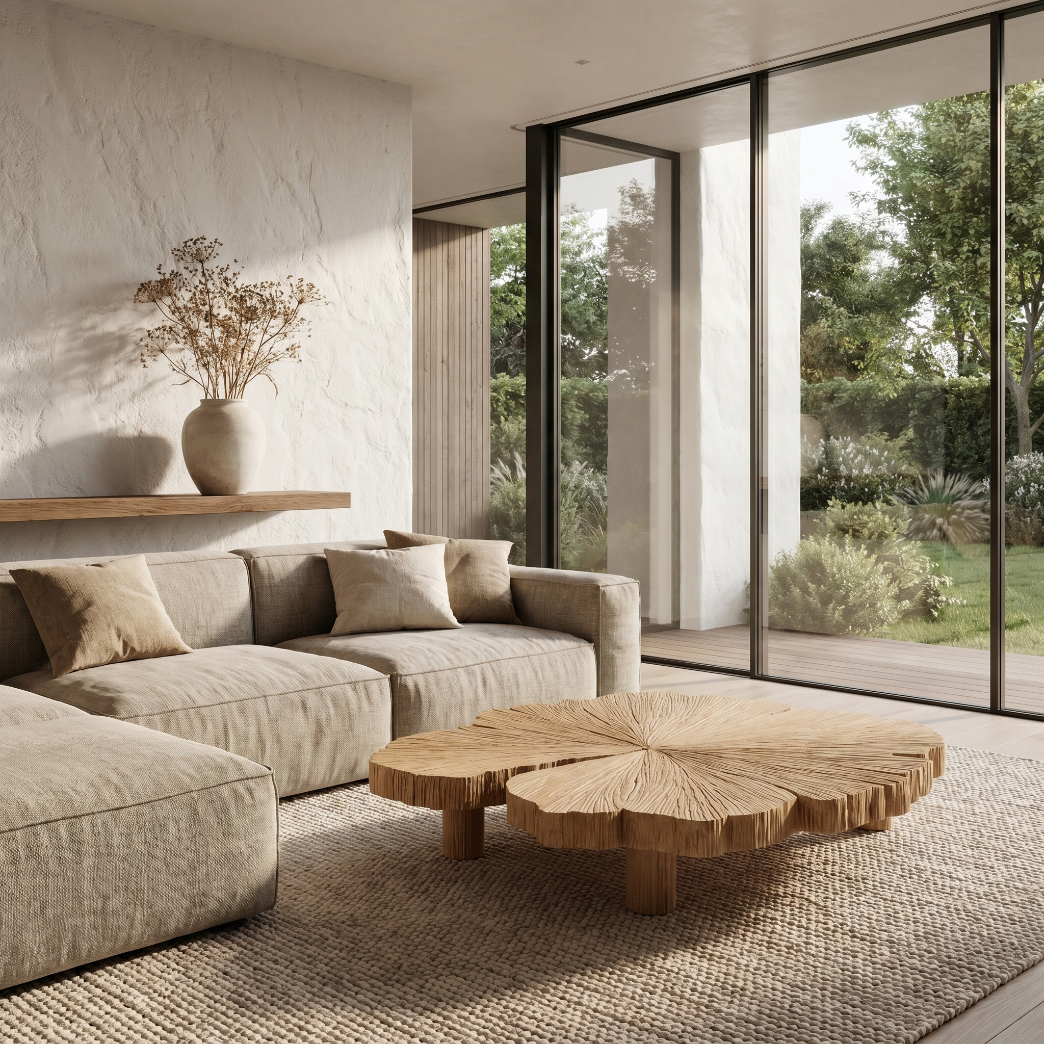 Rustic Coffee Table With Hand Carved Organic Wood Top And Chunky Pedestal Legs For Living Room