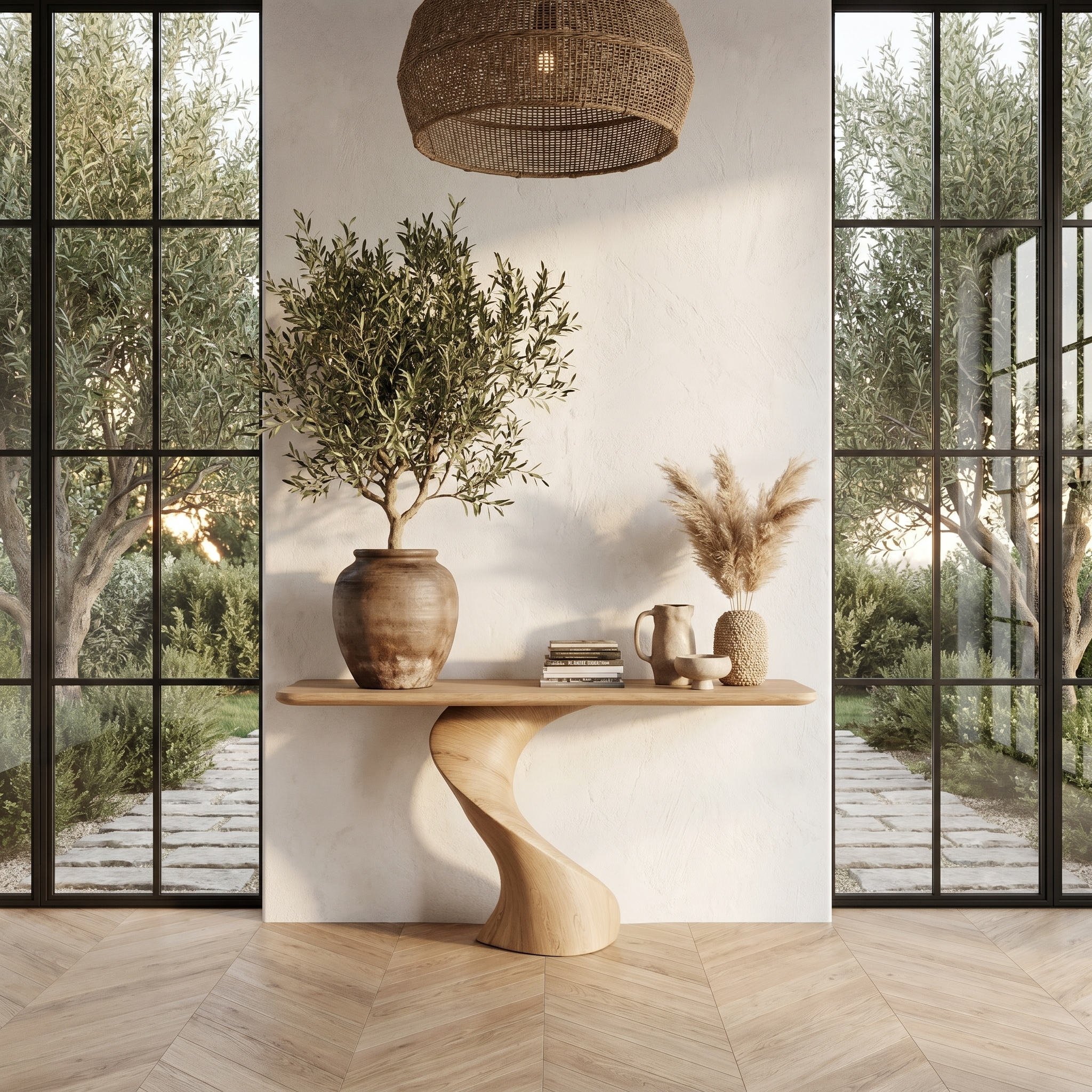 Modern Organic Console Table With Sculptural Twisted Solid Wood Base For Entryway And Living Room