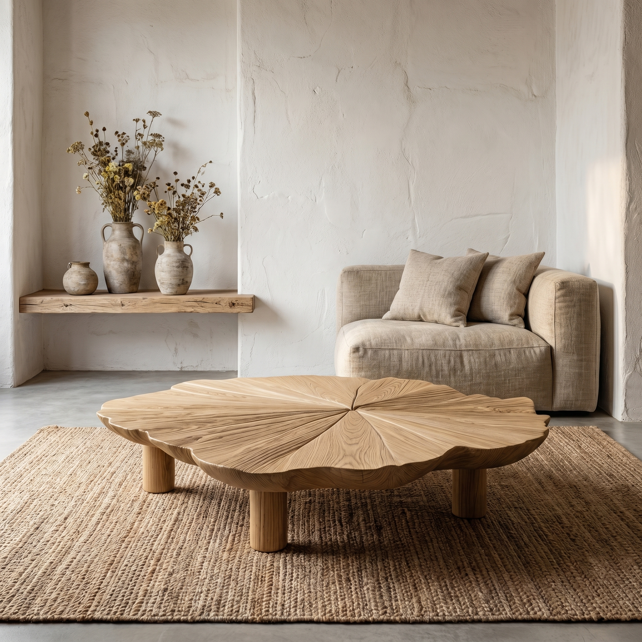 Organic Coffee Table With Hand Carved Solid Wood Design For Living Room