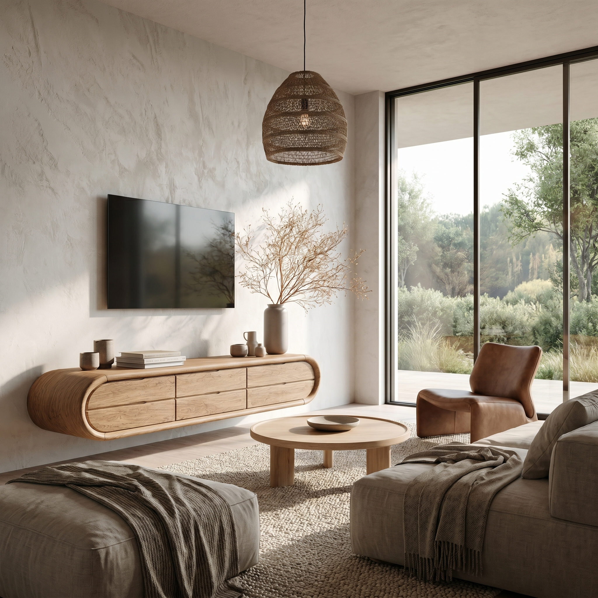 Organic Floating TV Cabinet With Sculptural Curved Wood Frame For Living Room