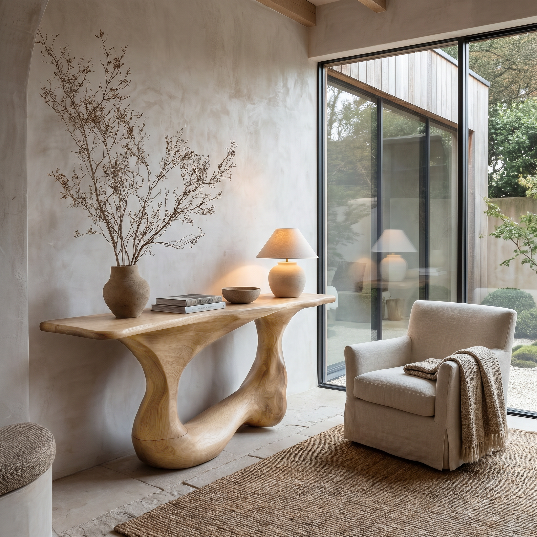 Contemporary Console Table With Artistic Open Loop Solid Wood Base For Living Room
