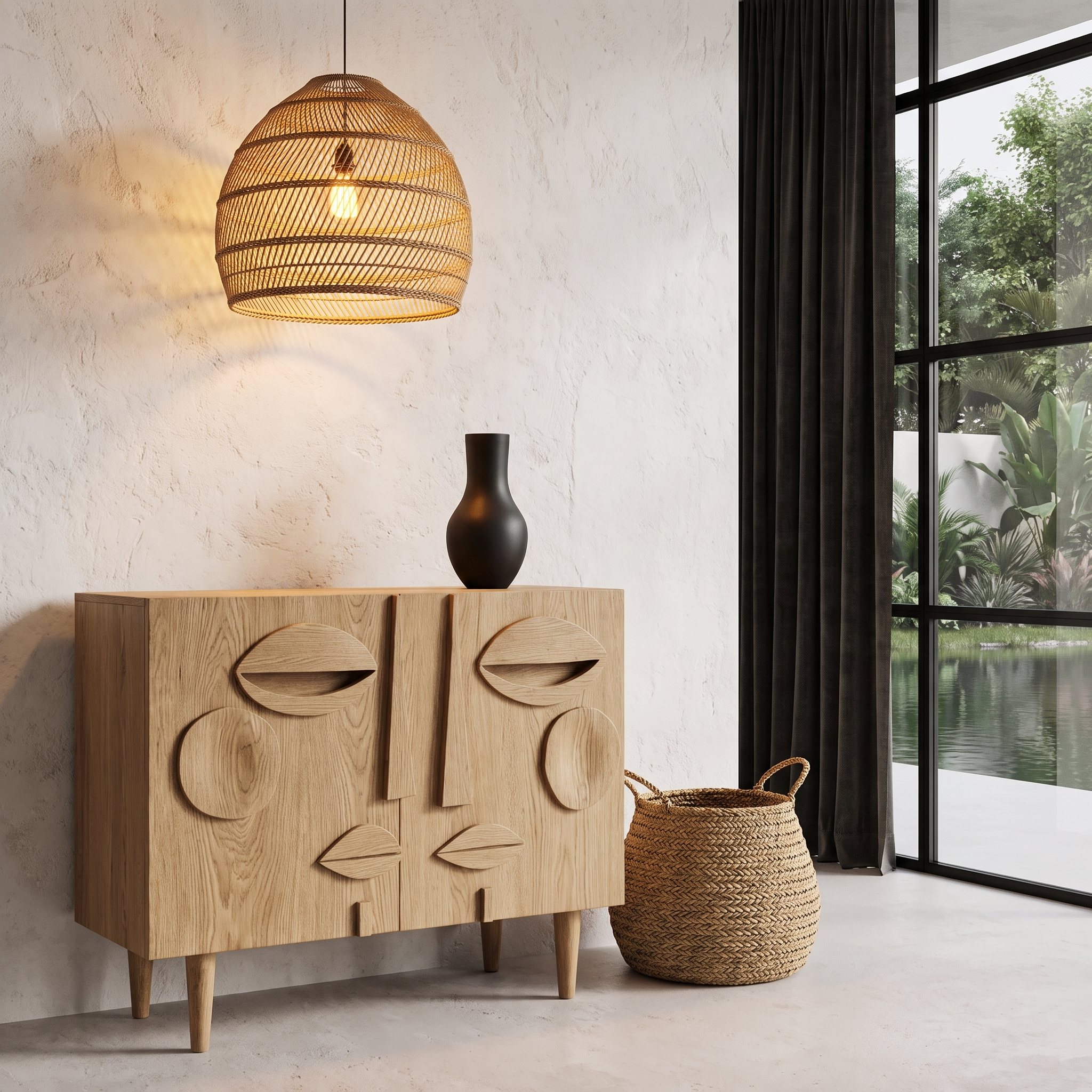 Modern Accent Cabinet With Abstract Face Design For Living Room And Entryway