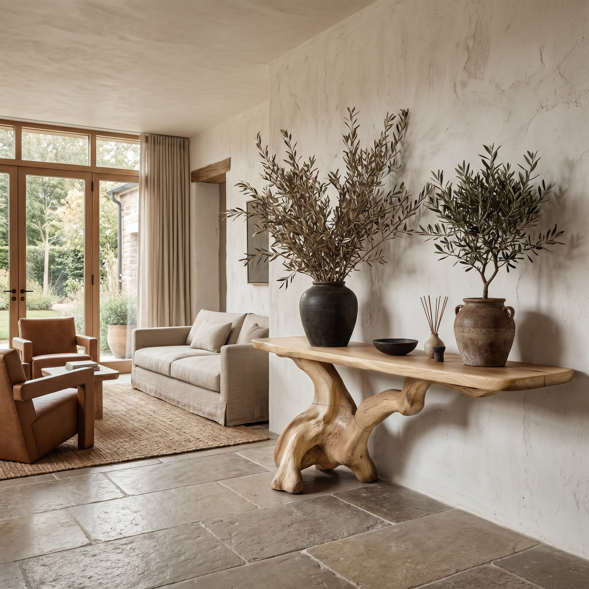 Organic Console Table With Sculptural Open Ring Wood Base For Entryway And Living Room
