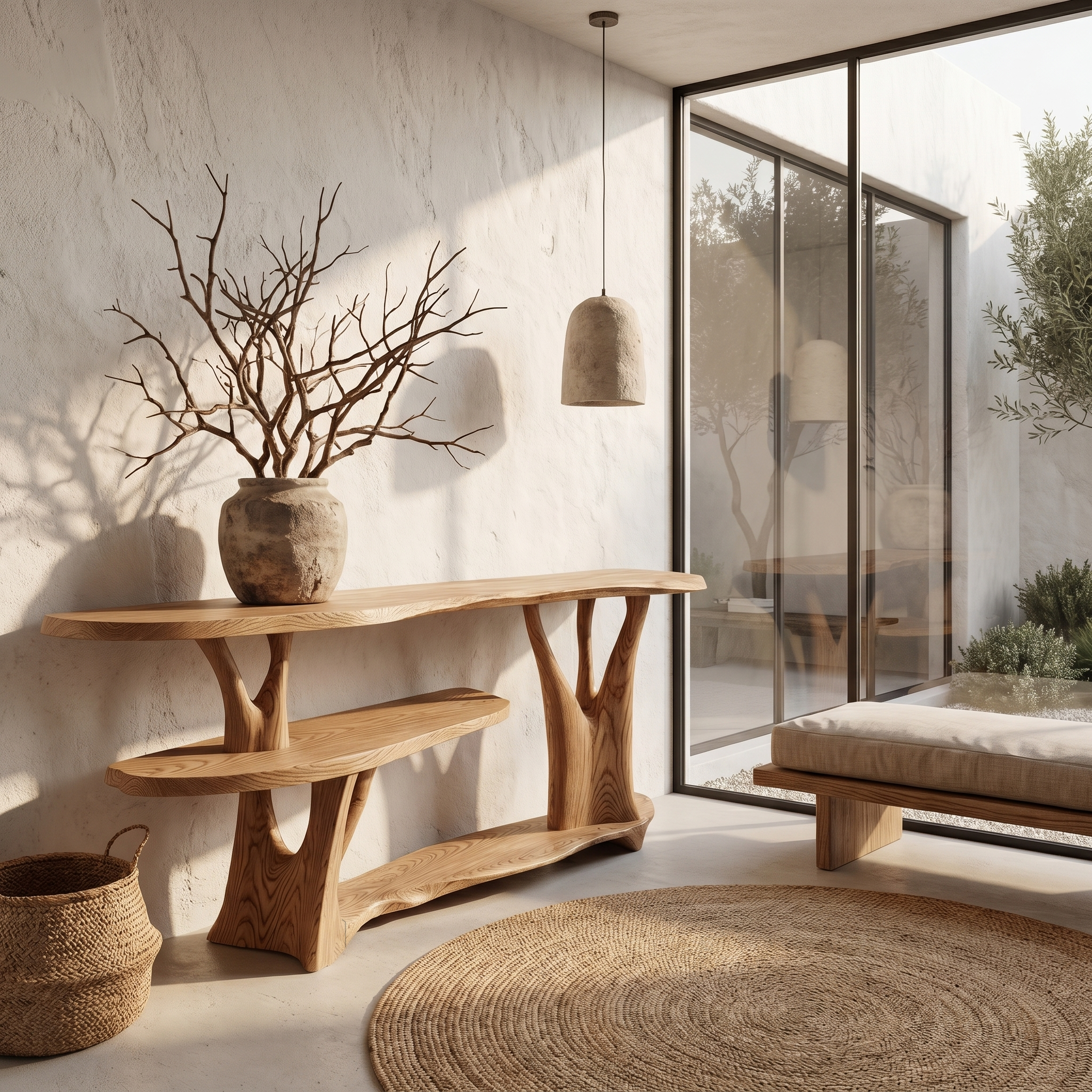 Organic Console Table With Sculptural Tree Root Base And Open Shelf Storage For Entryway And Living Room