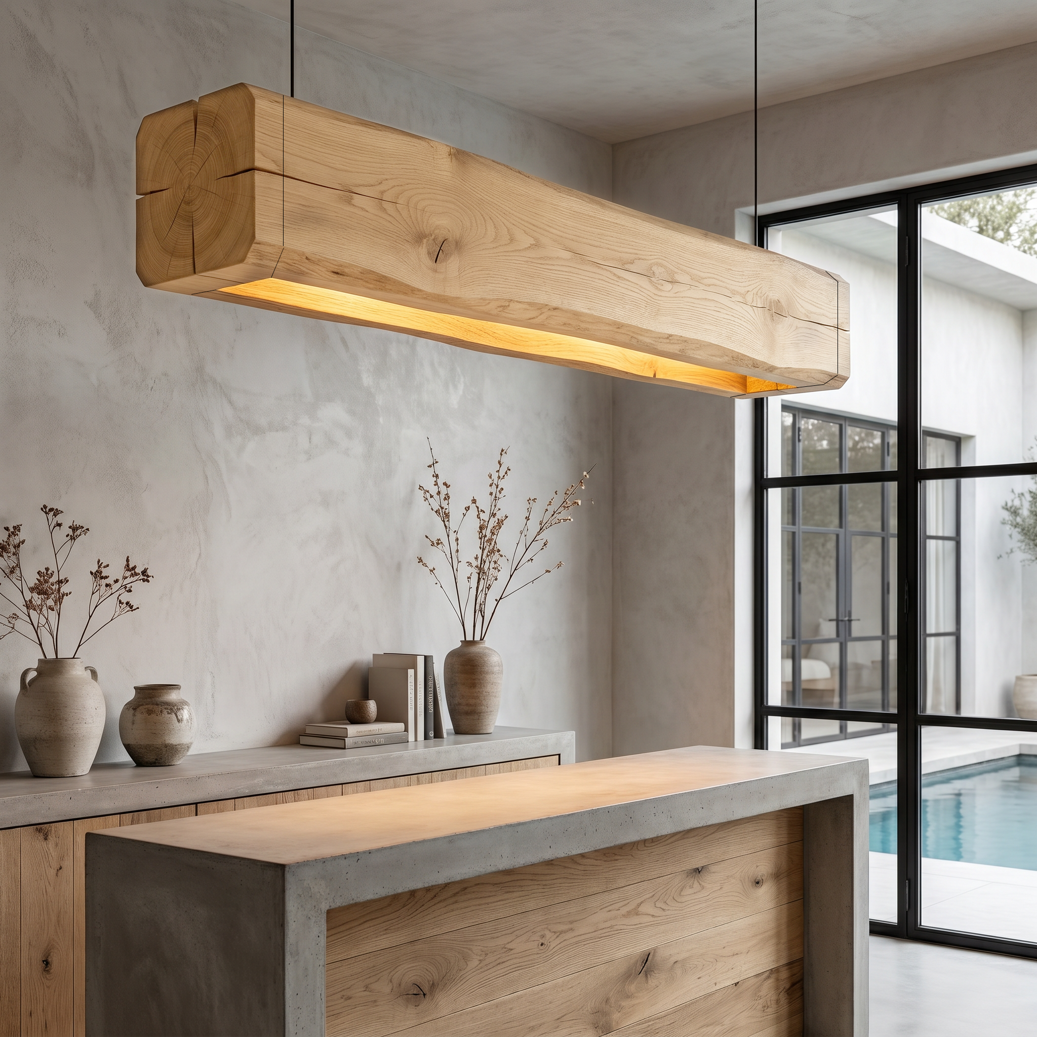 Organic Modern Pendant Light With Sculptural Wood Beam For Living Room And Kitchen