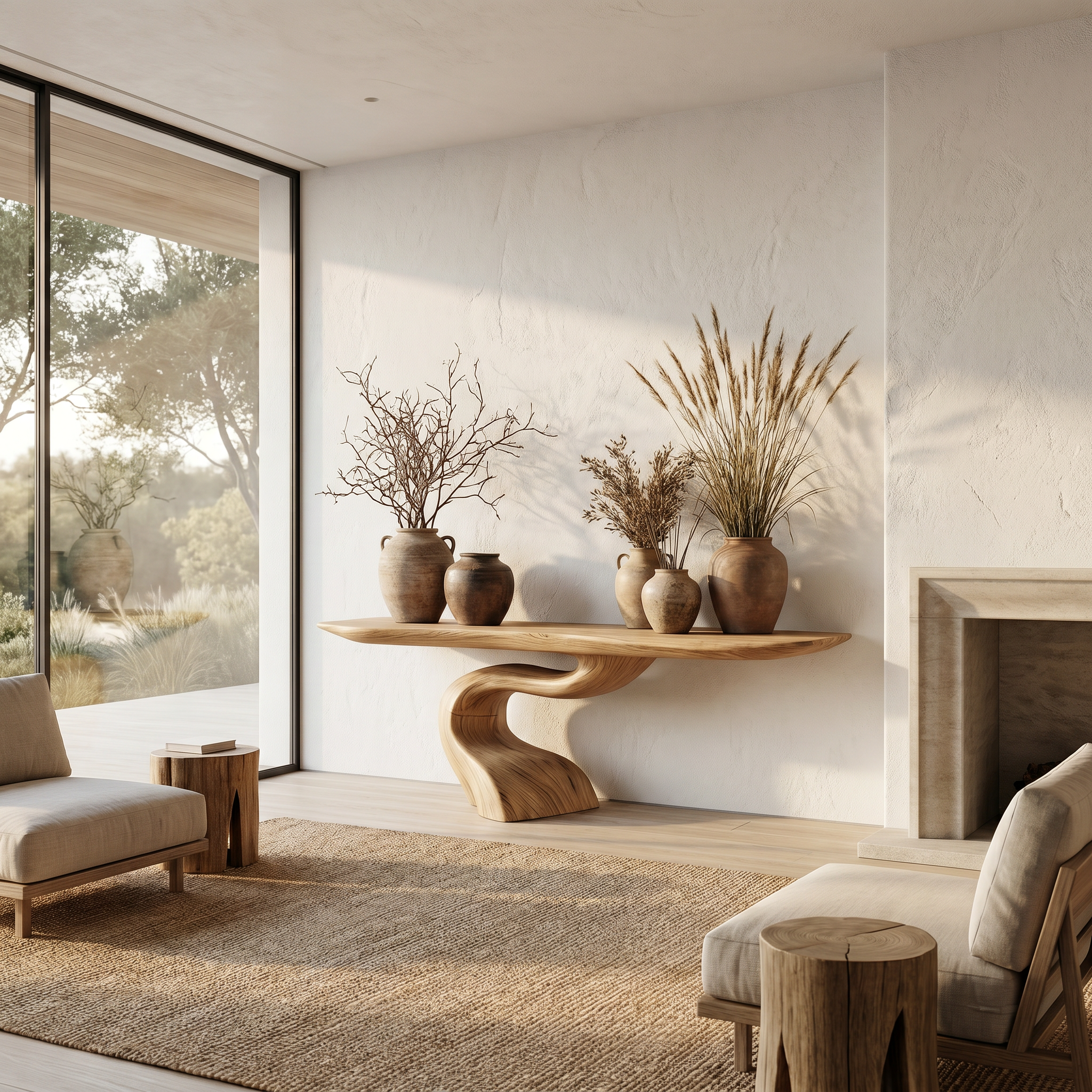 Organic Modern Console Table With Artistic Tree Root Base For Entryway