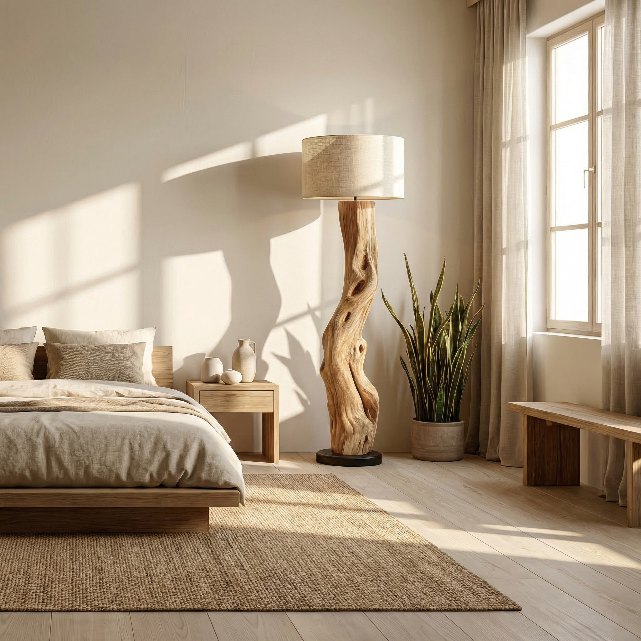 Modern Sculptural Wooden Standing Lamp For Bedroom And Corner