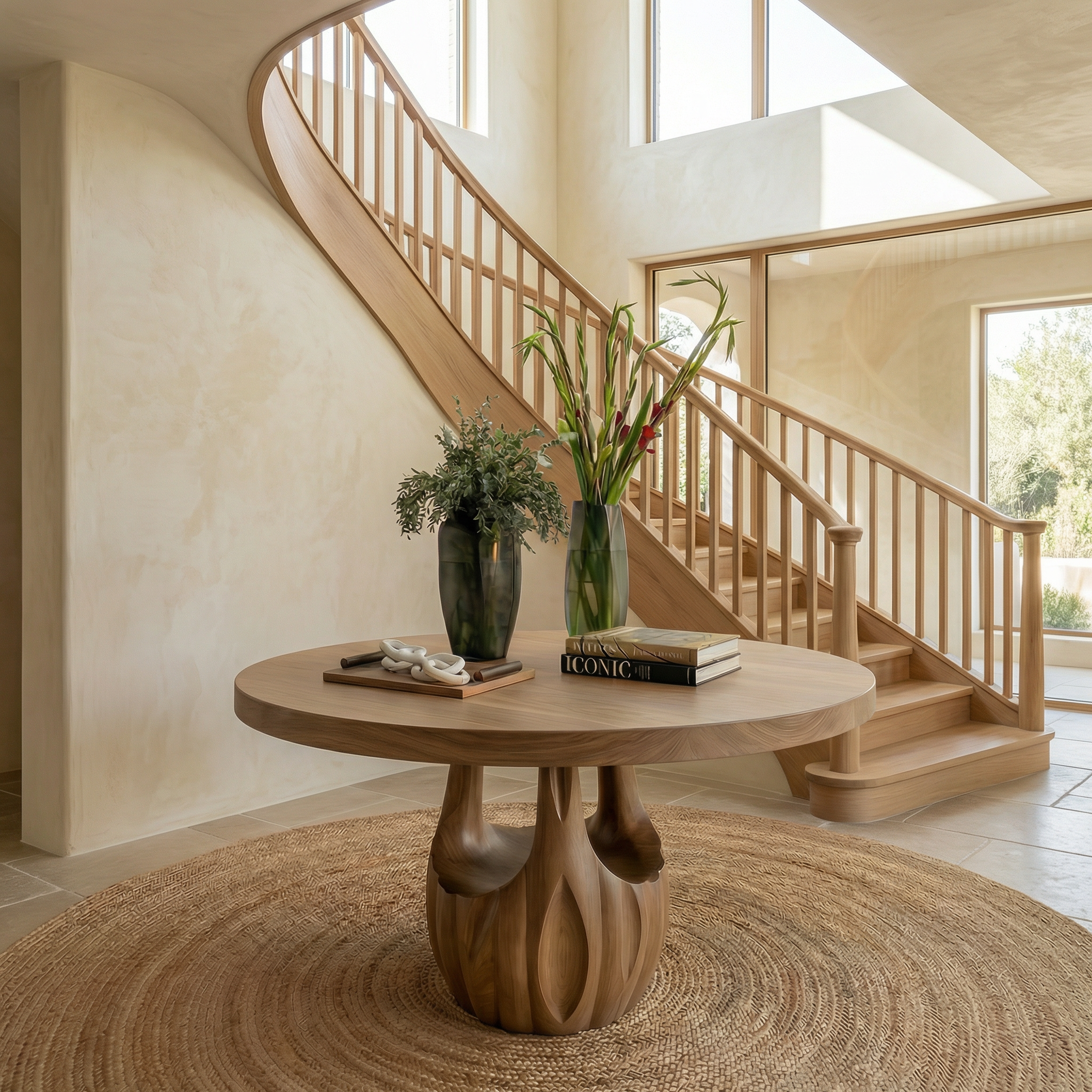 Modern Round Entryway Foyer Table With Unique Sculptural Base For Entryway And Hallway