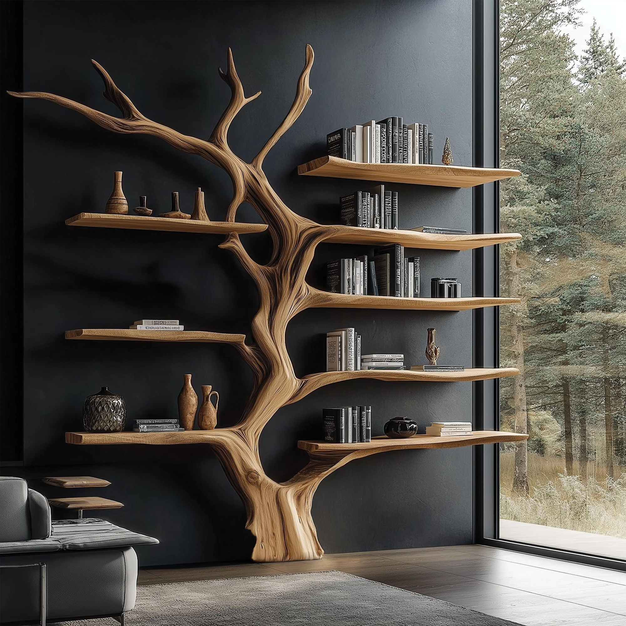 Sculptural Tree Bookcase Artistic Wooden Wall Shelf