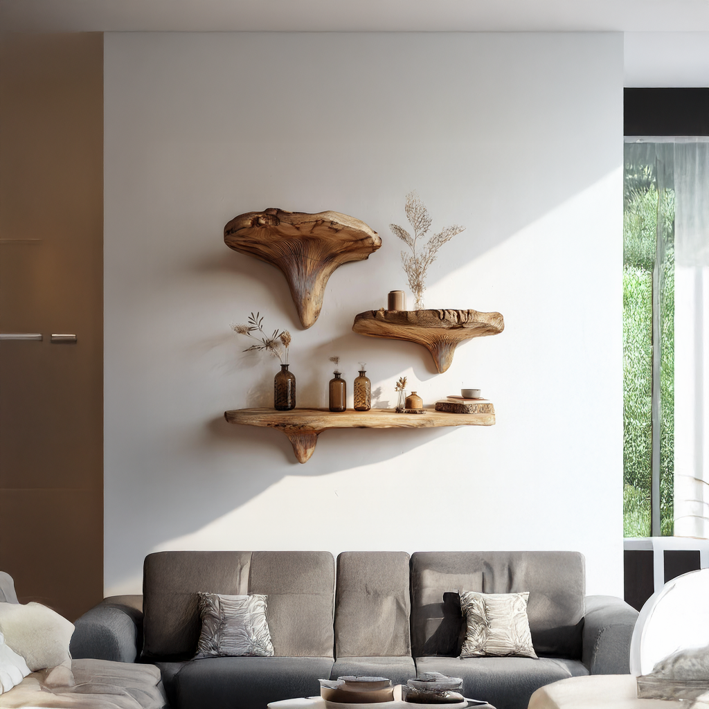 Rustic Live Edge Musrhroom Shelves Living Room Decor