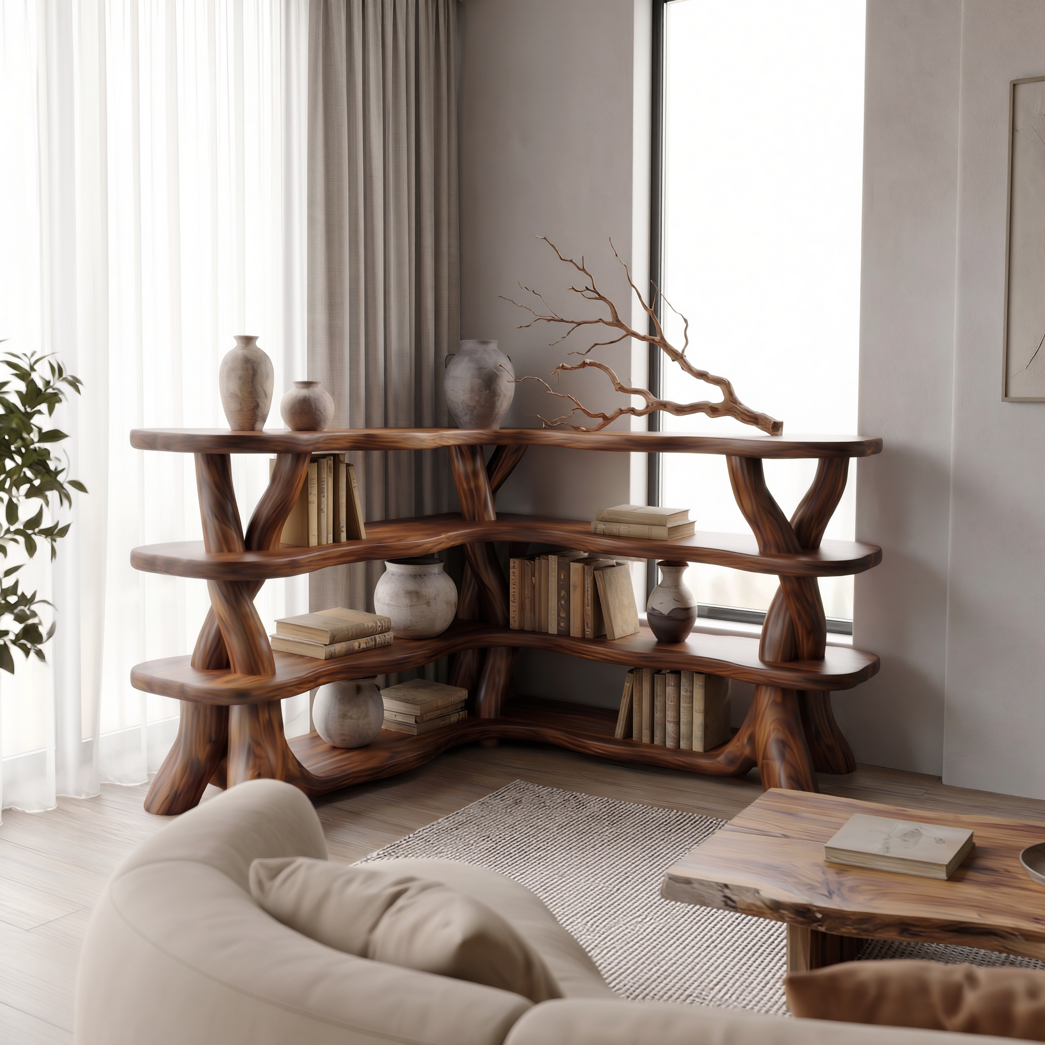 Rustic Organic Corner Bookshelf With Sculptural Tree Branch Shelves For Living Room And Bedroom