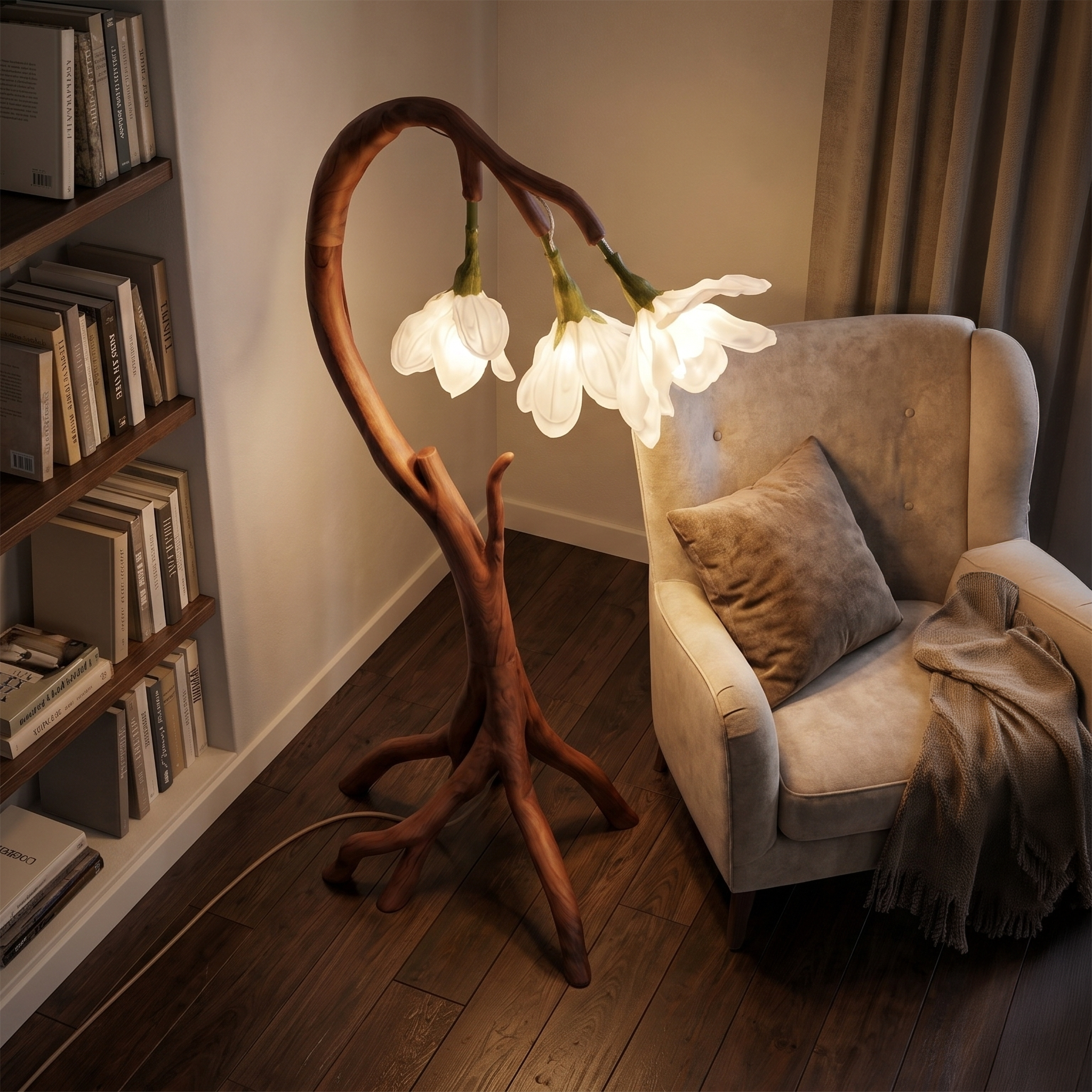 Botanical Flower Floor Lamp With Sculptural Wood Base For Living Room And Bedroom