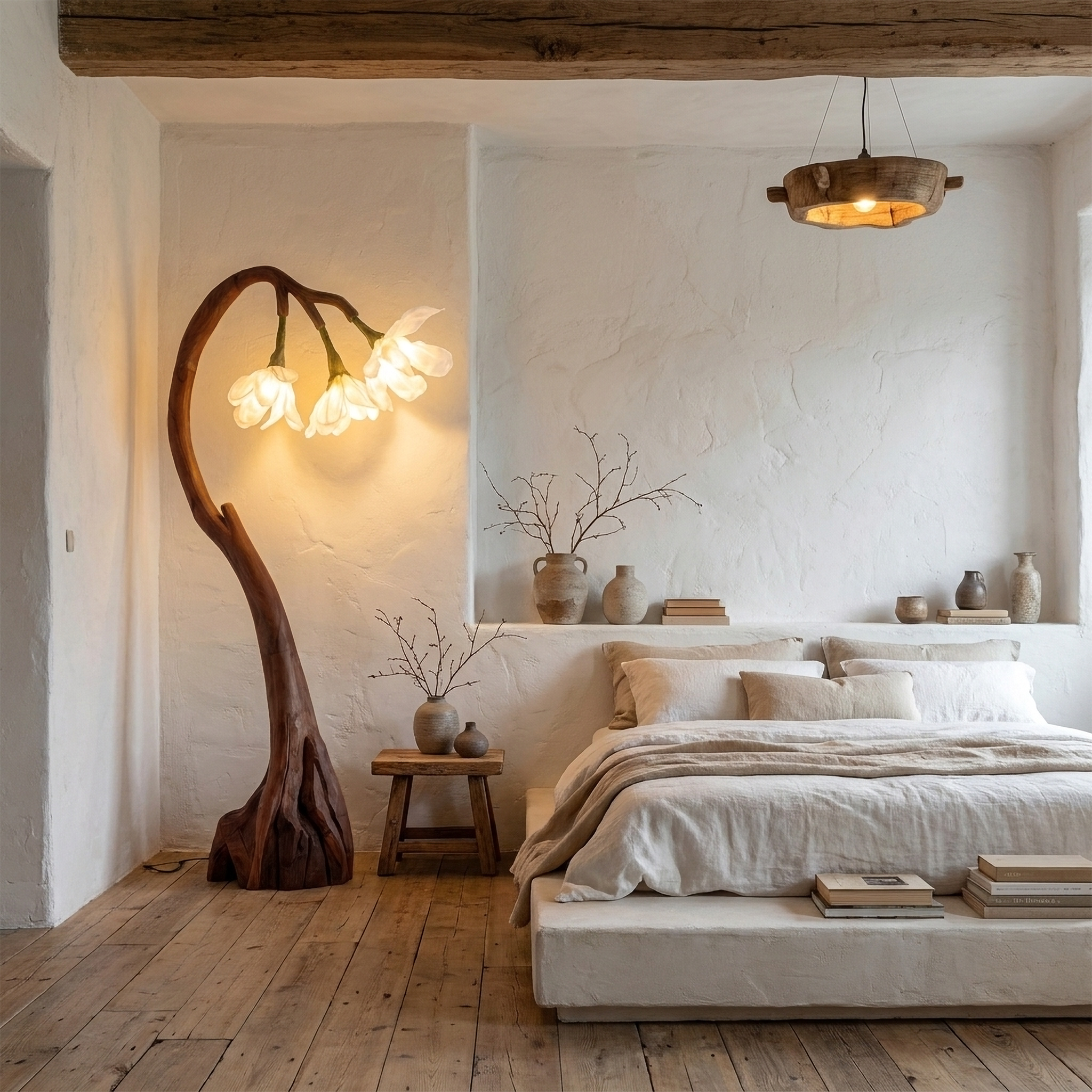Floral Floor Lamp With Organic Wood Base For Living Room And Bedroom