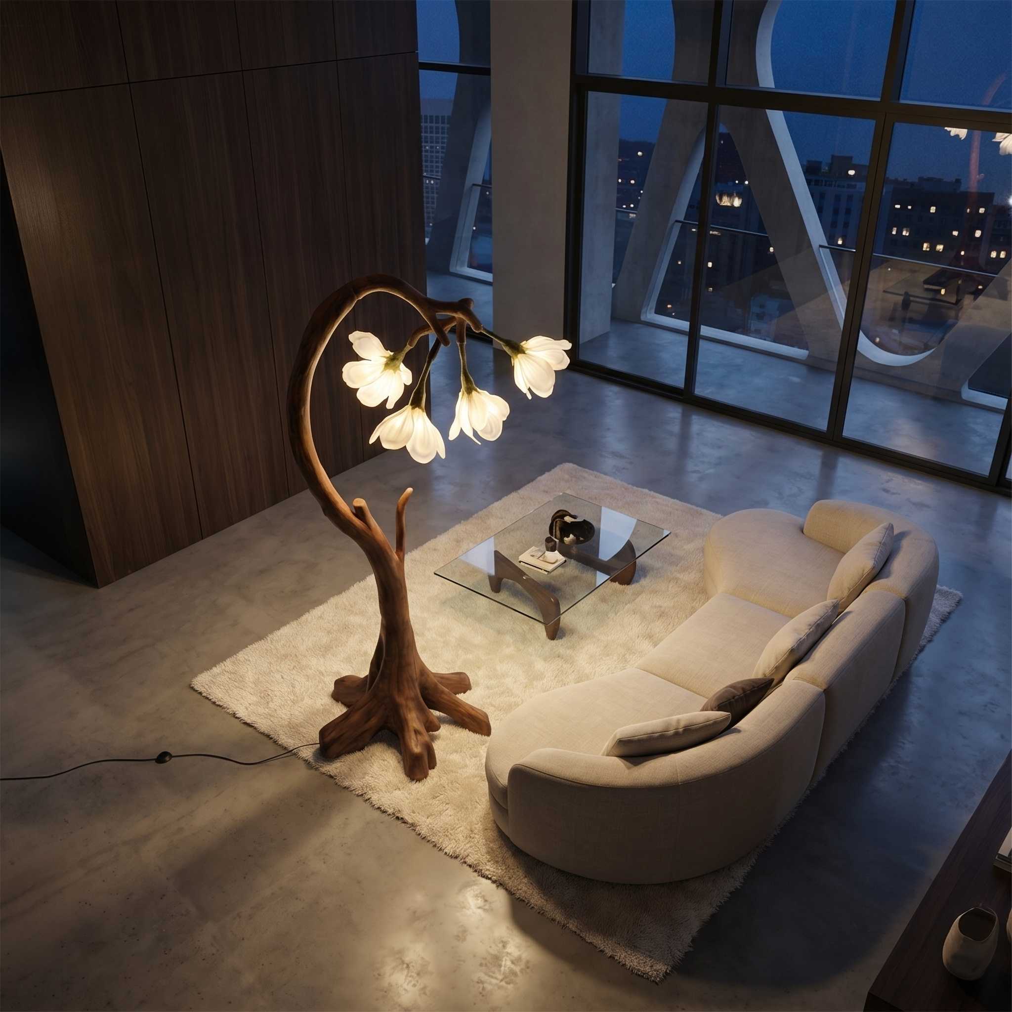 Bloom Floor Lamp With Sculptural Wooden Stand For Living Room And Bedroom