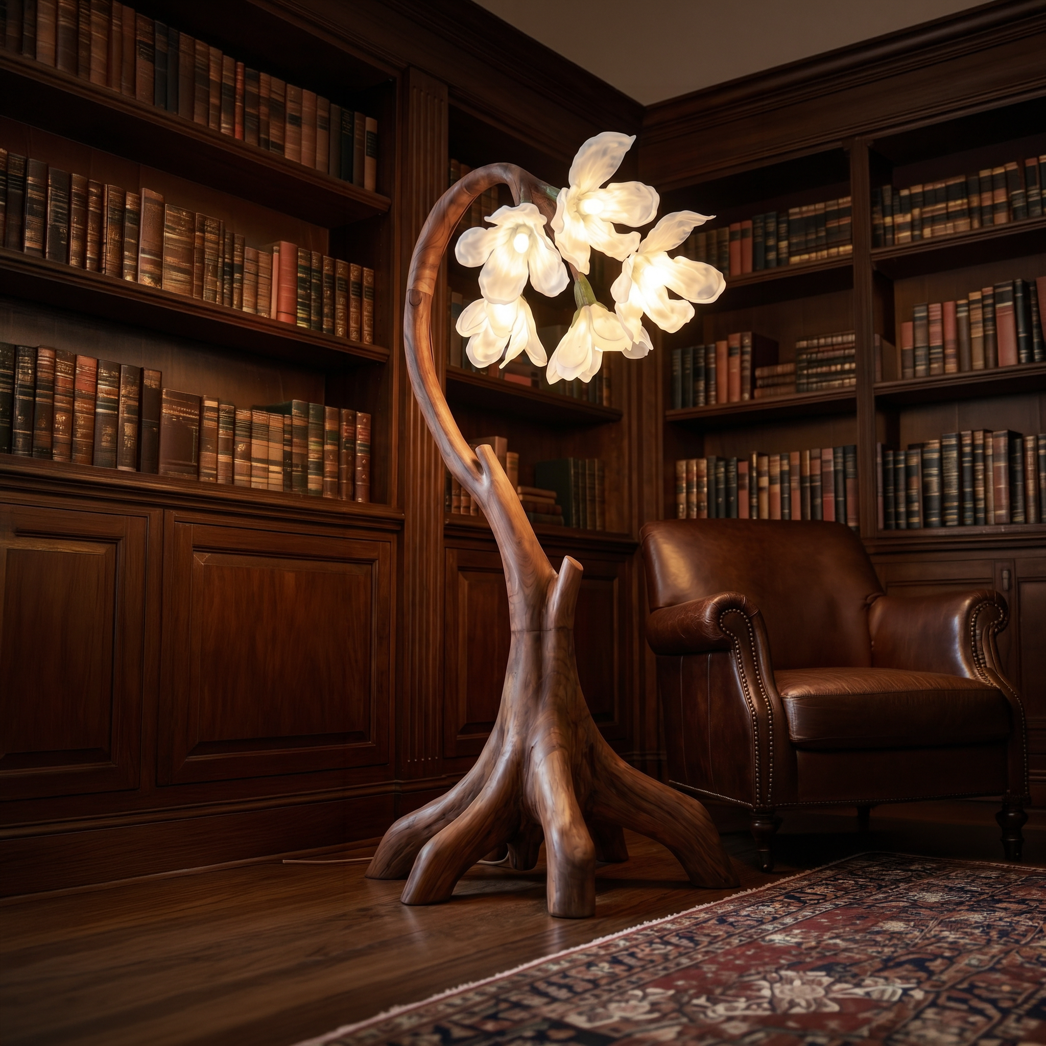 Flower Petal Floor Lamp With Solid Wood Base For Living Room And Bedroom