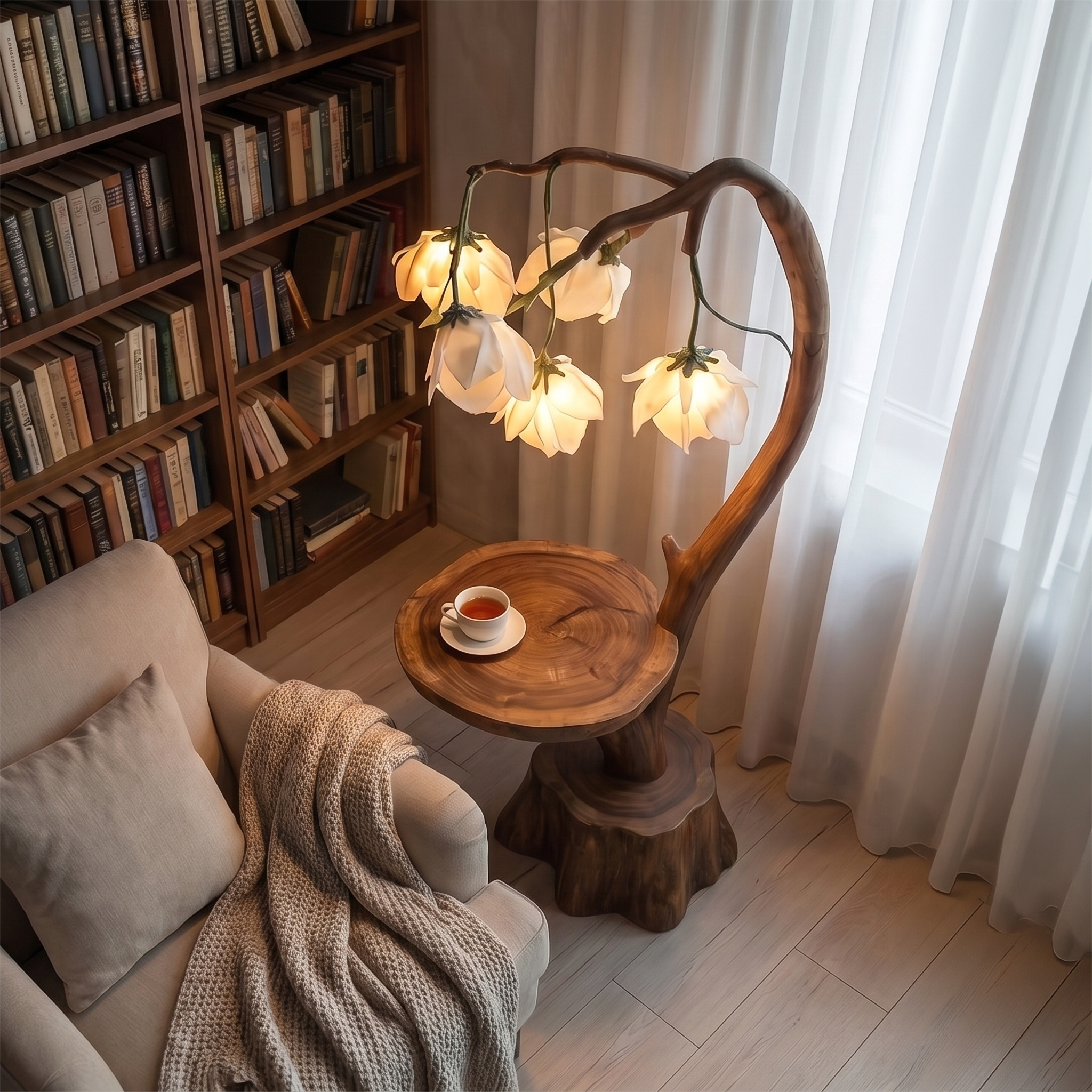 Sculptural Flower Floor Lamp With Handmade Wood Base For Living Room And Bedroom