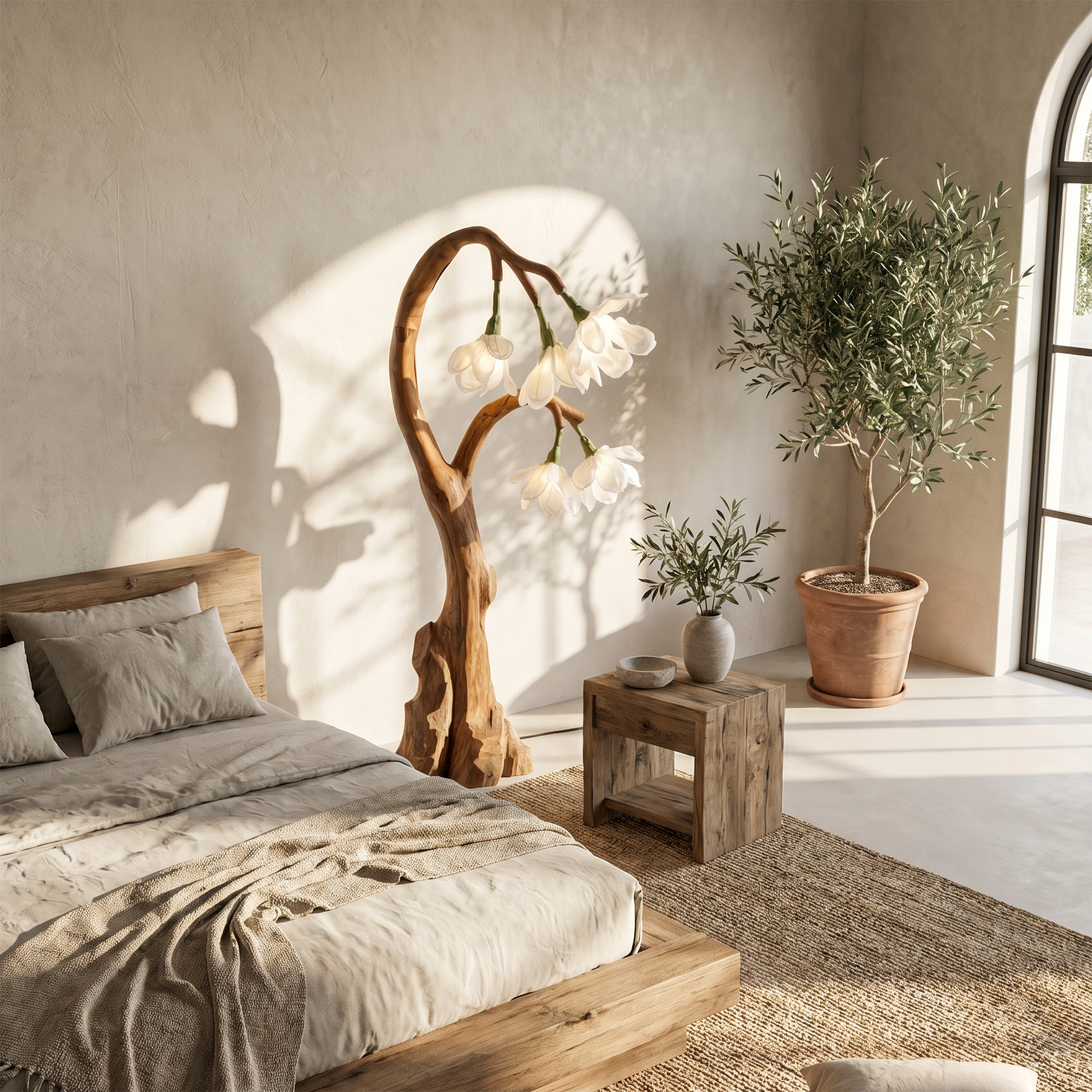 Artistic Floral Floor Lamp With Natural Wood Base For Living Room And Bedroom