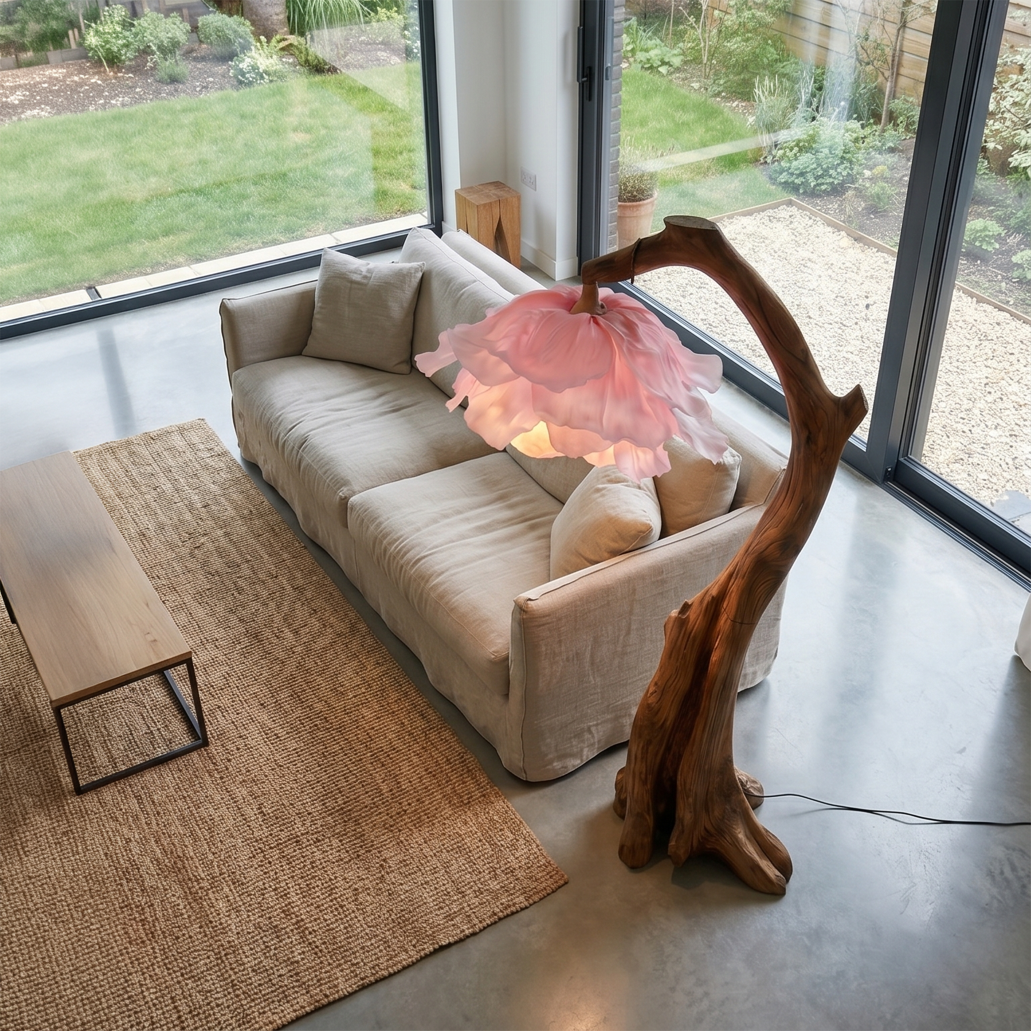 Handmade Flower Floor Lamp With Sculptural Wood Base For Living Room And Bedroom