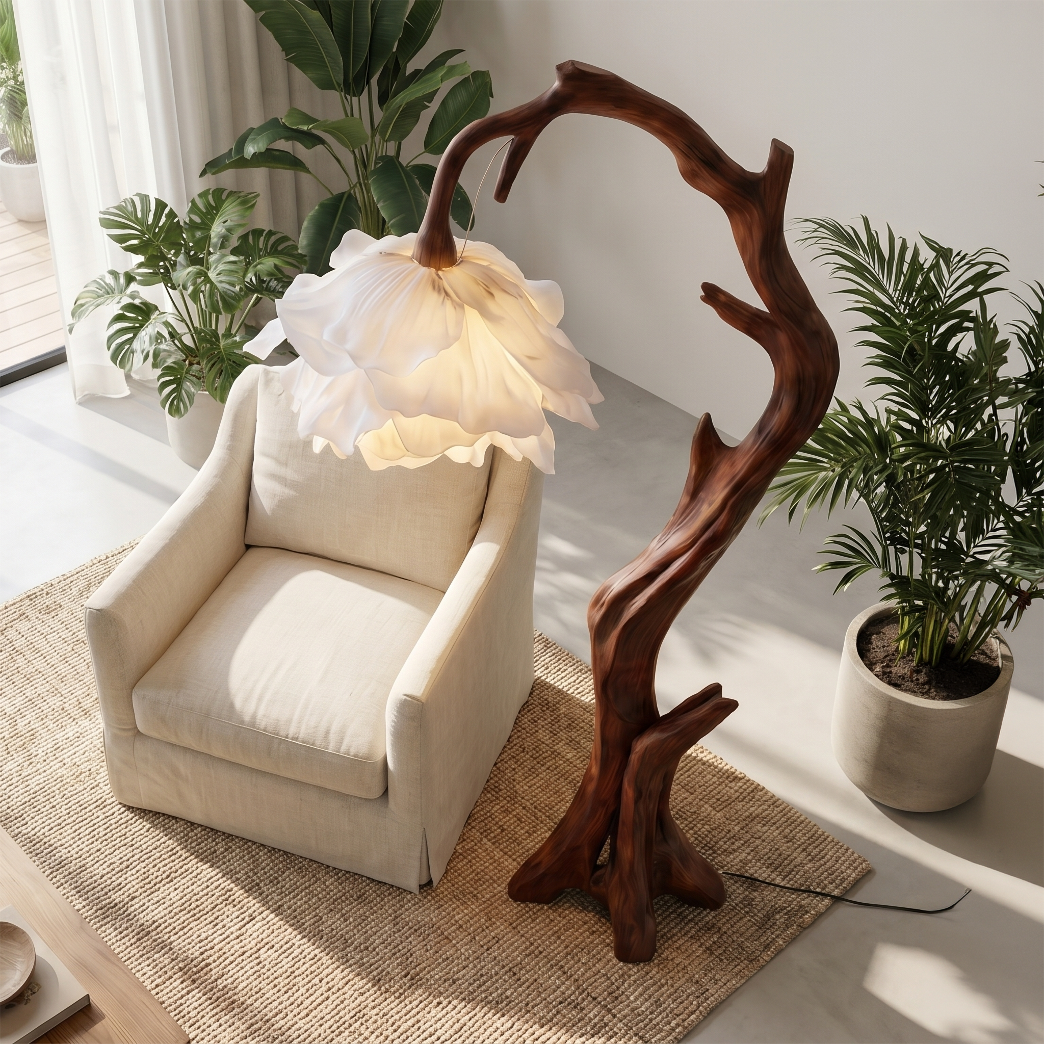 Nature Inspired Flower Floor Lamp With Solid Wood Base For Living Room And Bedroom