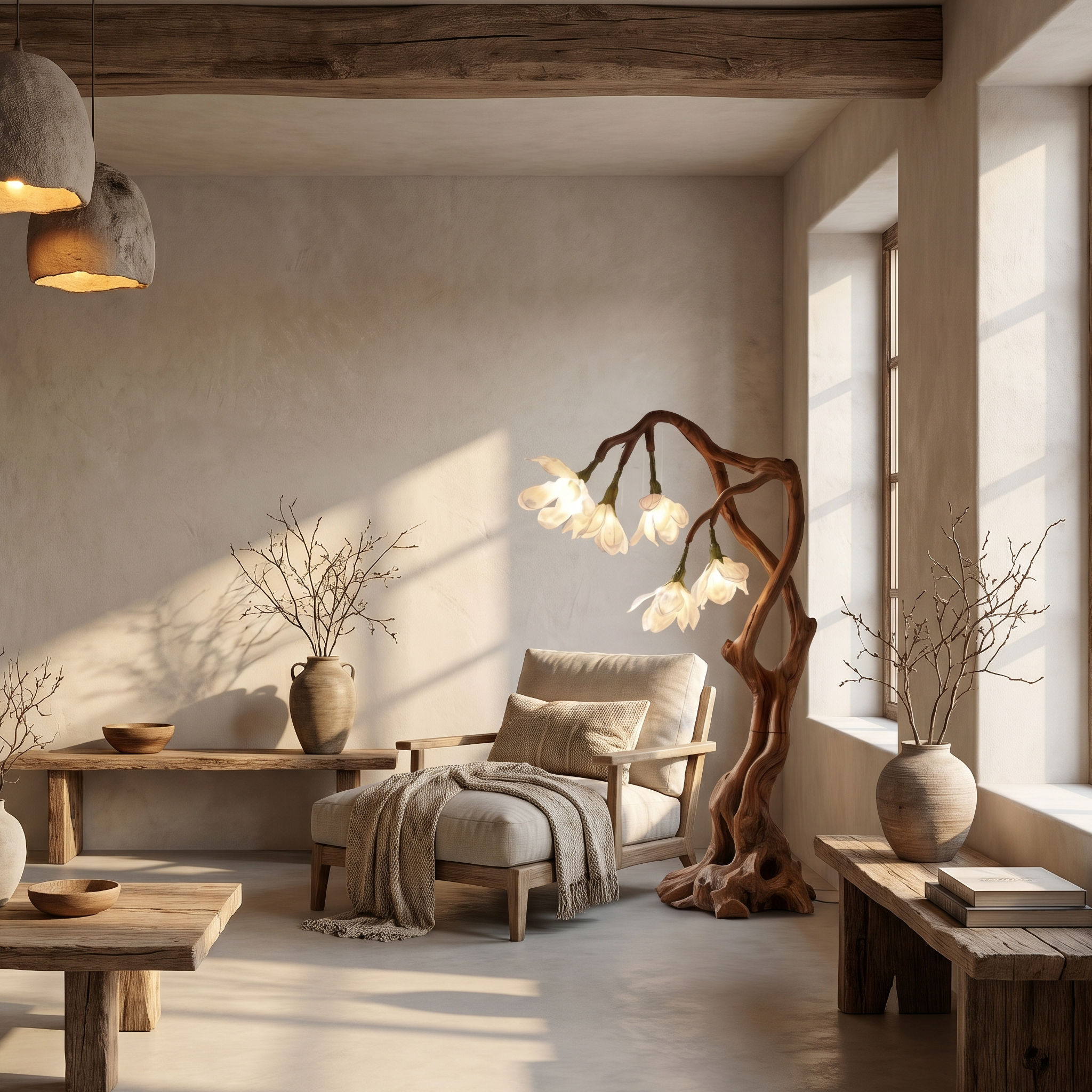 Petal Inspired Floor Lamp With Artistic Wood Base For Living Room And Bedroom