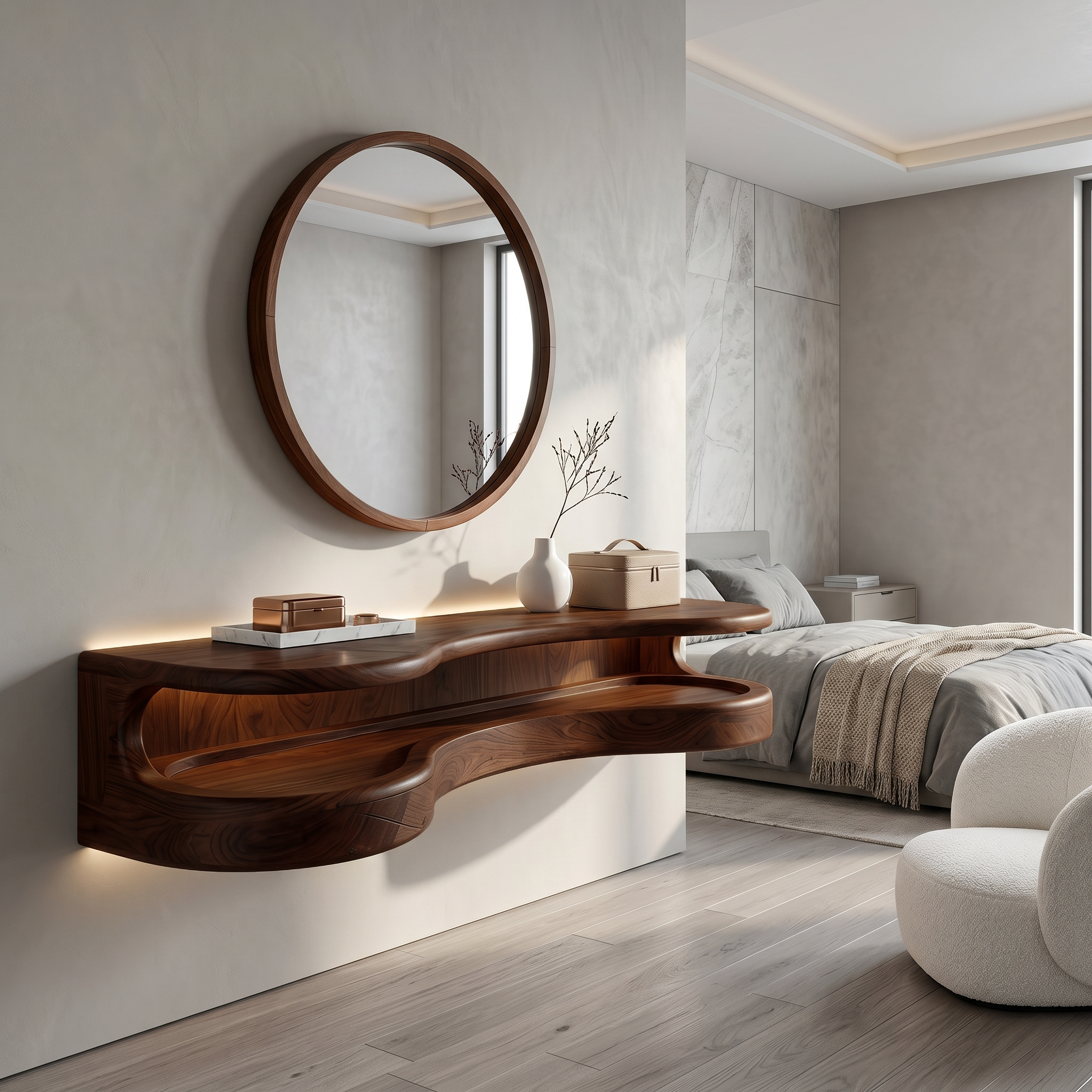 Organic Floating Vanity Desk With Rounded Wood Shelf For Bedroom