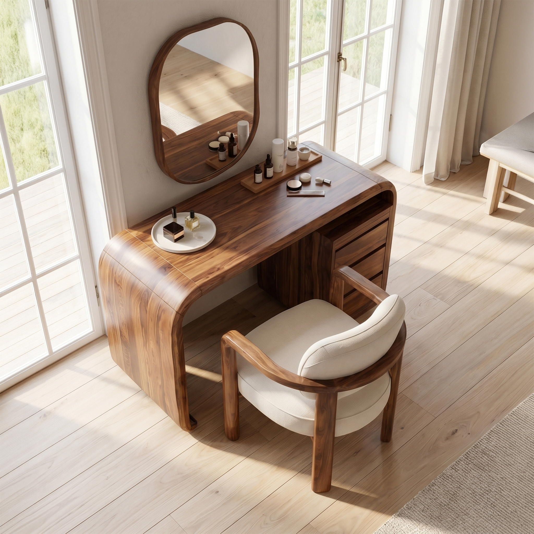 Modern Walnut Vanity Table With Open Shelf Cabinet For Bedroom