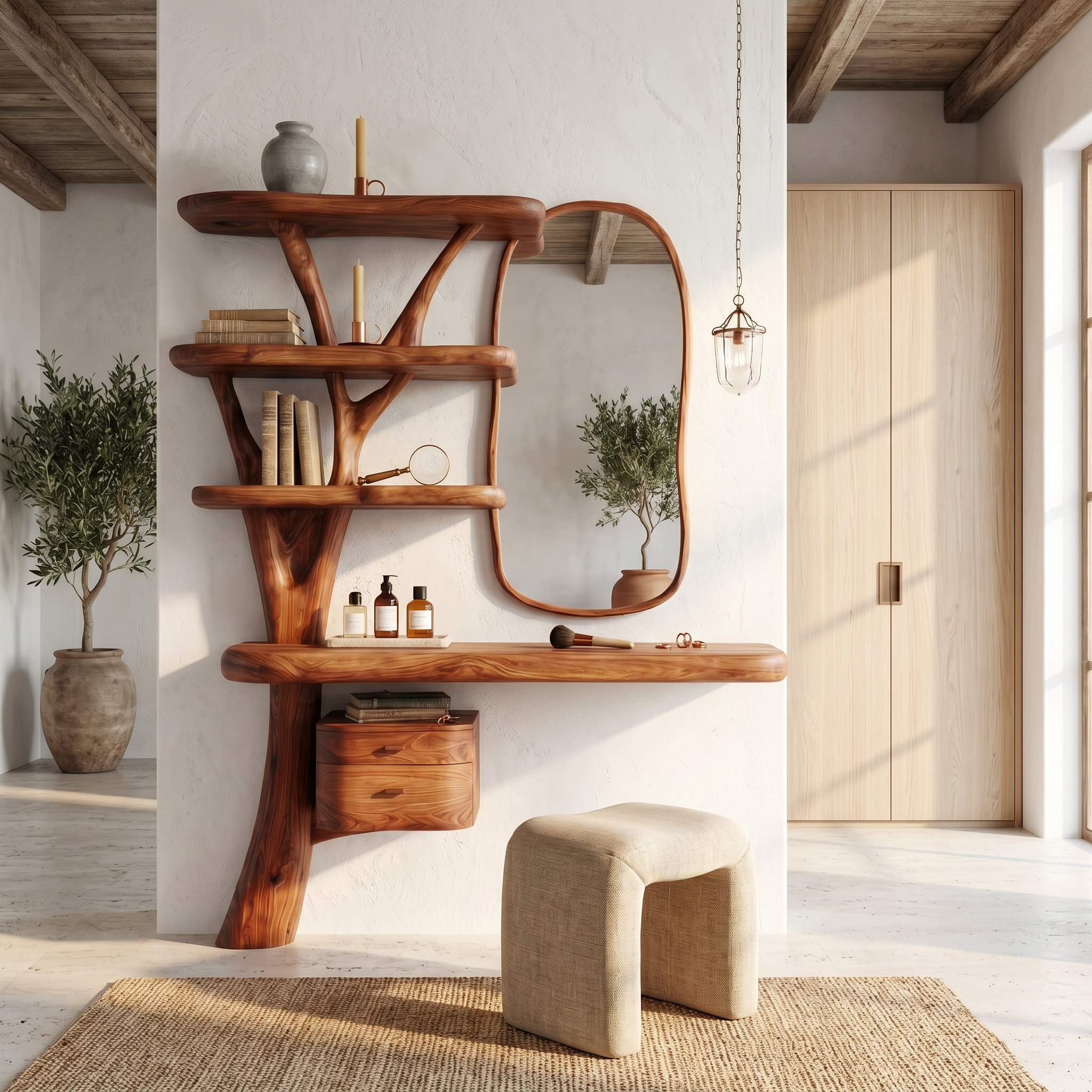 Sculptural Tree Vanity Desk With Curved Wood Shelves For Bedroom