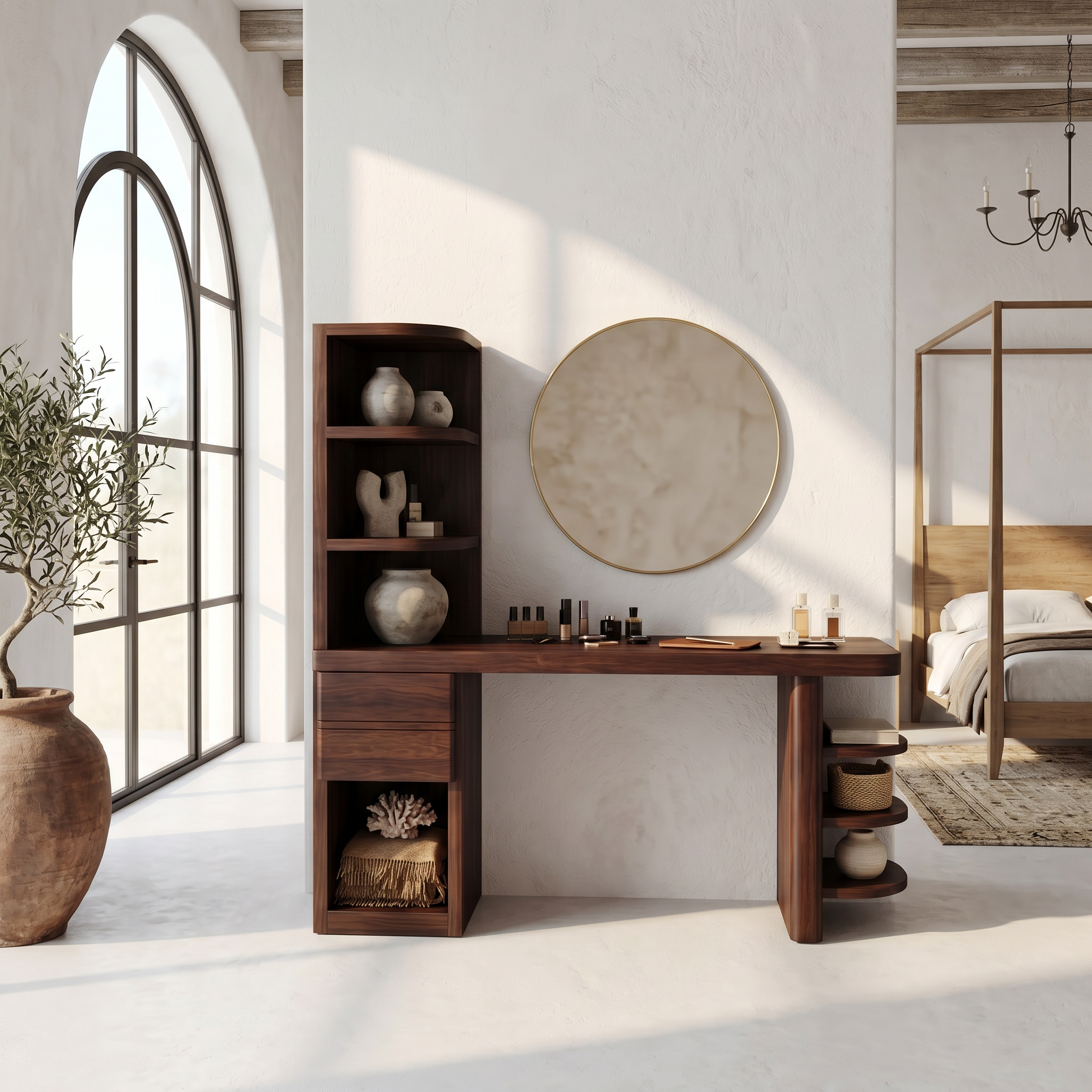 Contemporary Corner Makeup Vanity With Vertical Storage Shelves For Bedroom