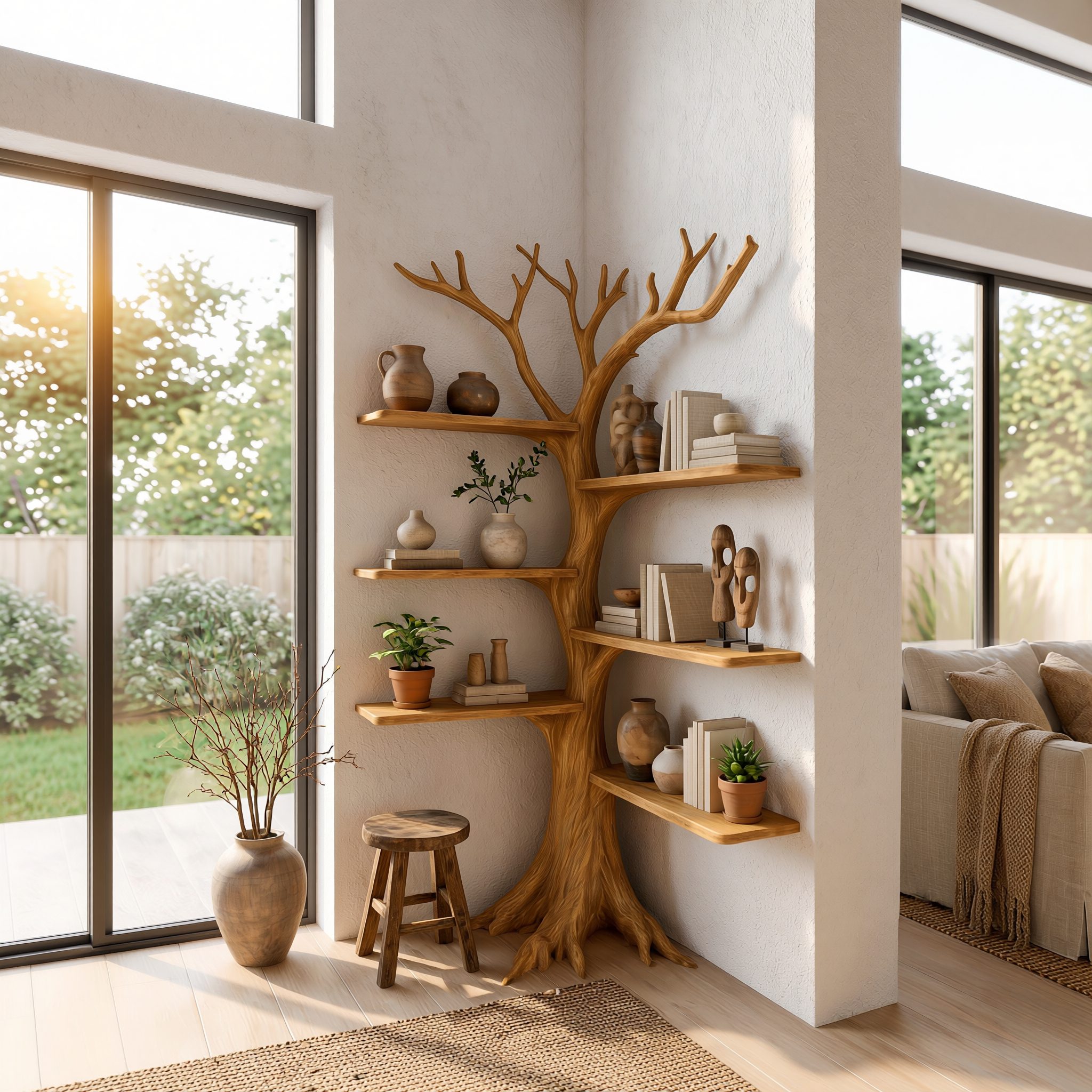 Rustic Corner Tree Bookshelf Living Room