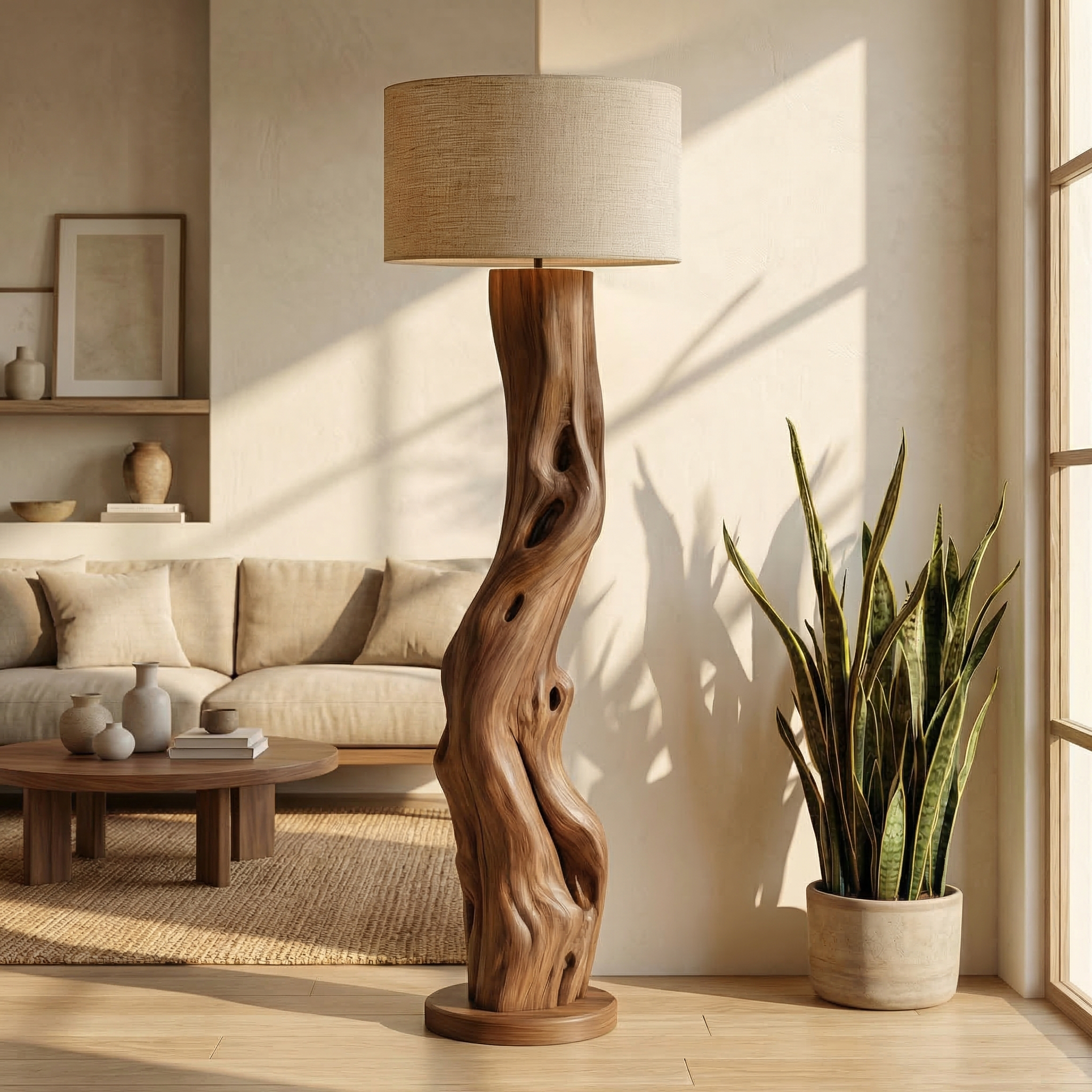 Modern Sculptural Wooden Standing Lamp For Bedroom And Corner