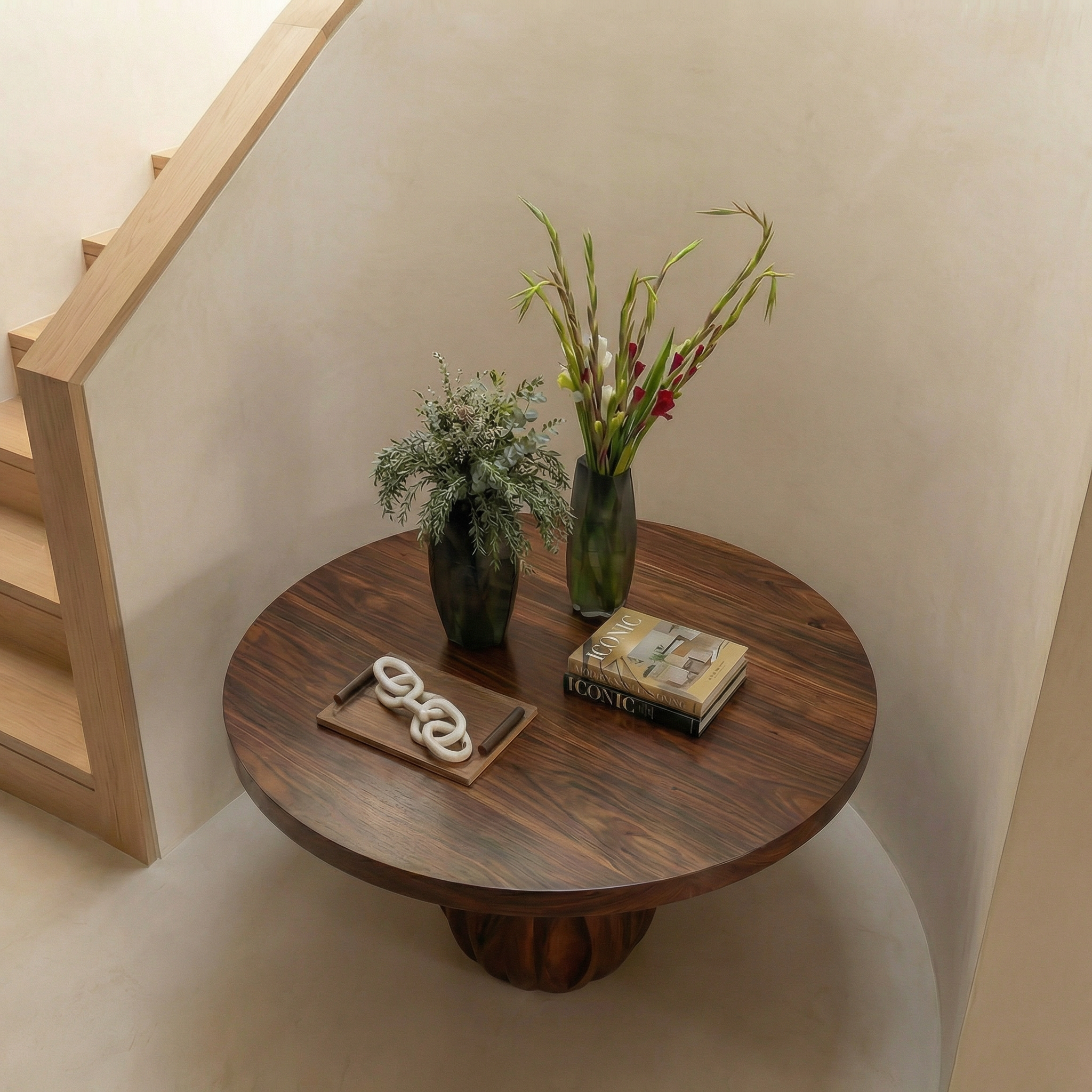 Modern Round Entryway Foyer Table With Unique Sculptural Base For Entryway And Hallway