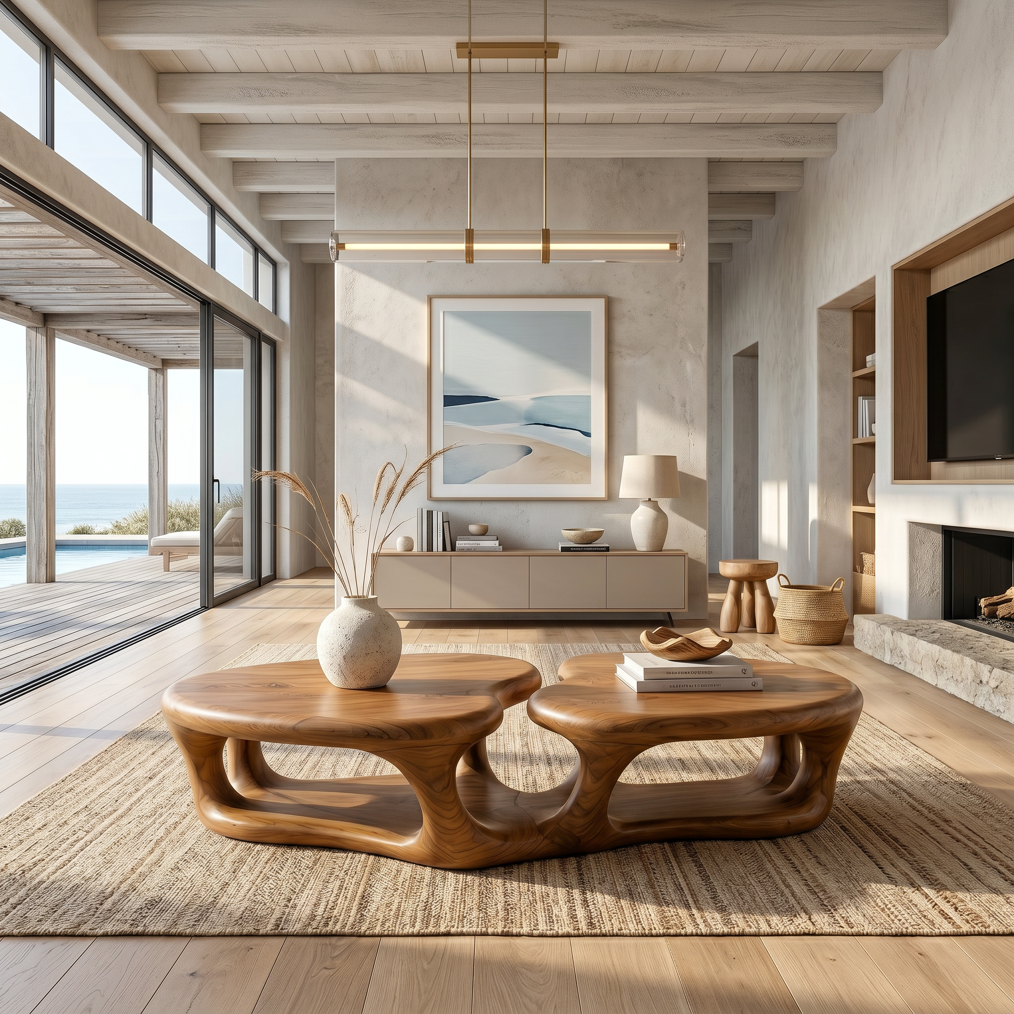 Sculptural Coffee Table With Open Wood Structure For Living Room Decor