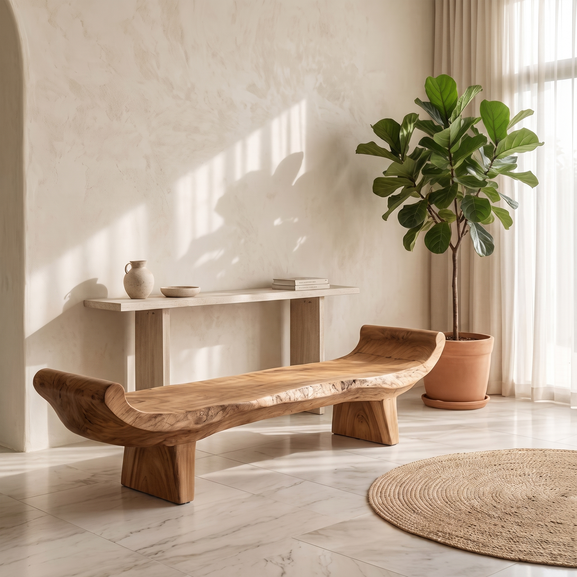 Minimalist Console Table With Sculptural Wood Base For Entryway