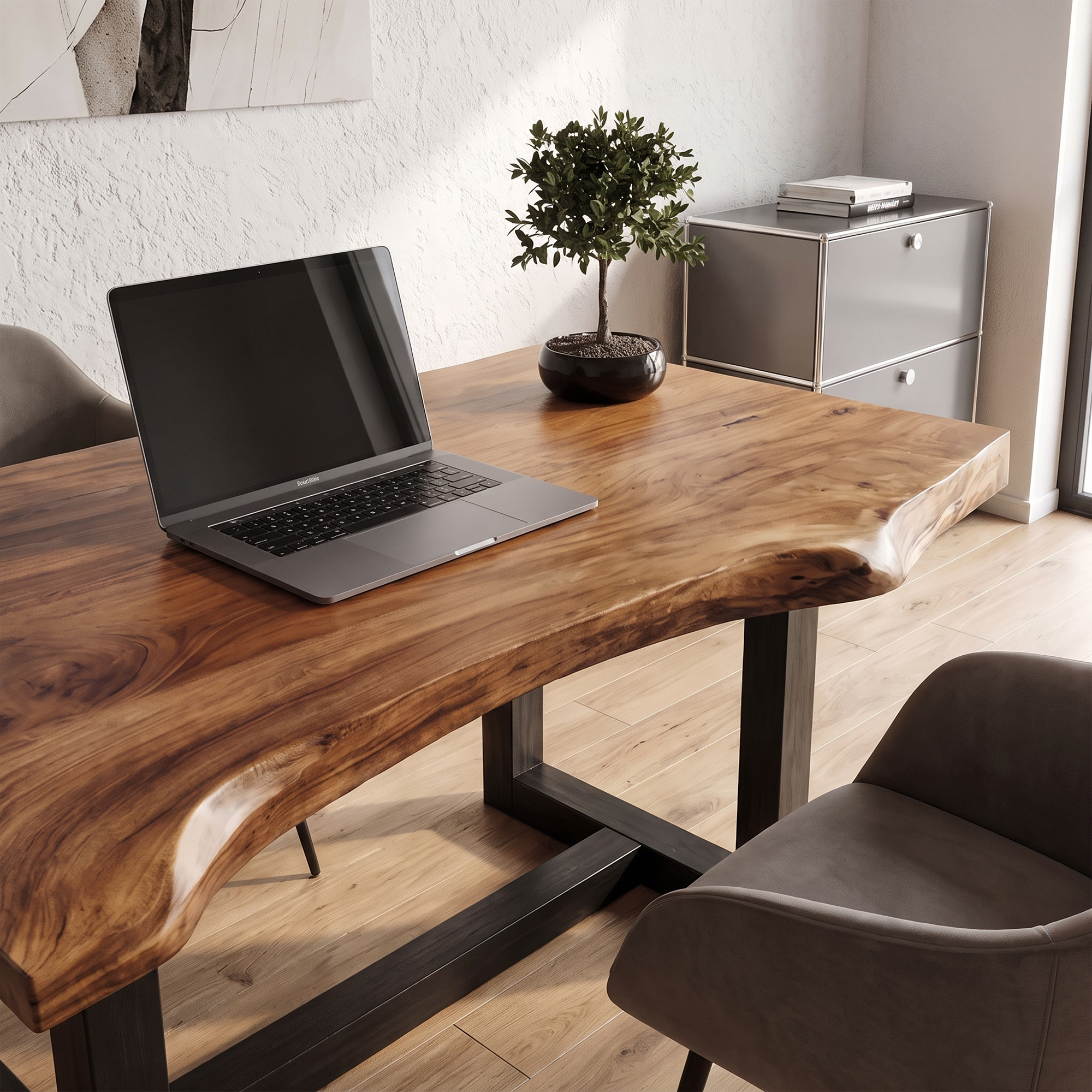 Minimal Desk With Live Edge Wooden Top For Home Office