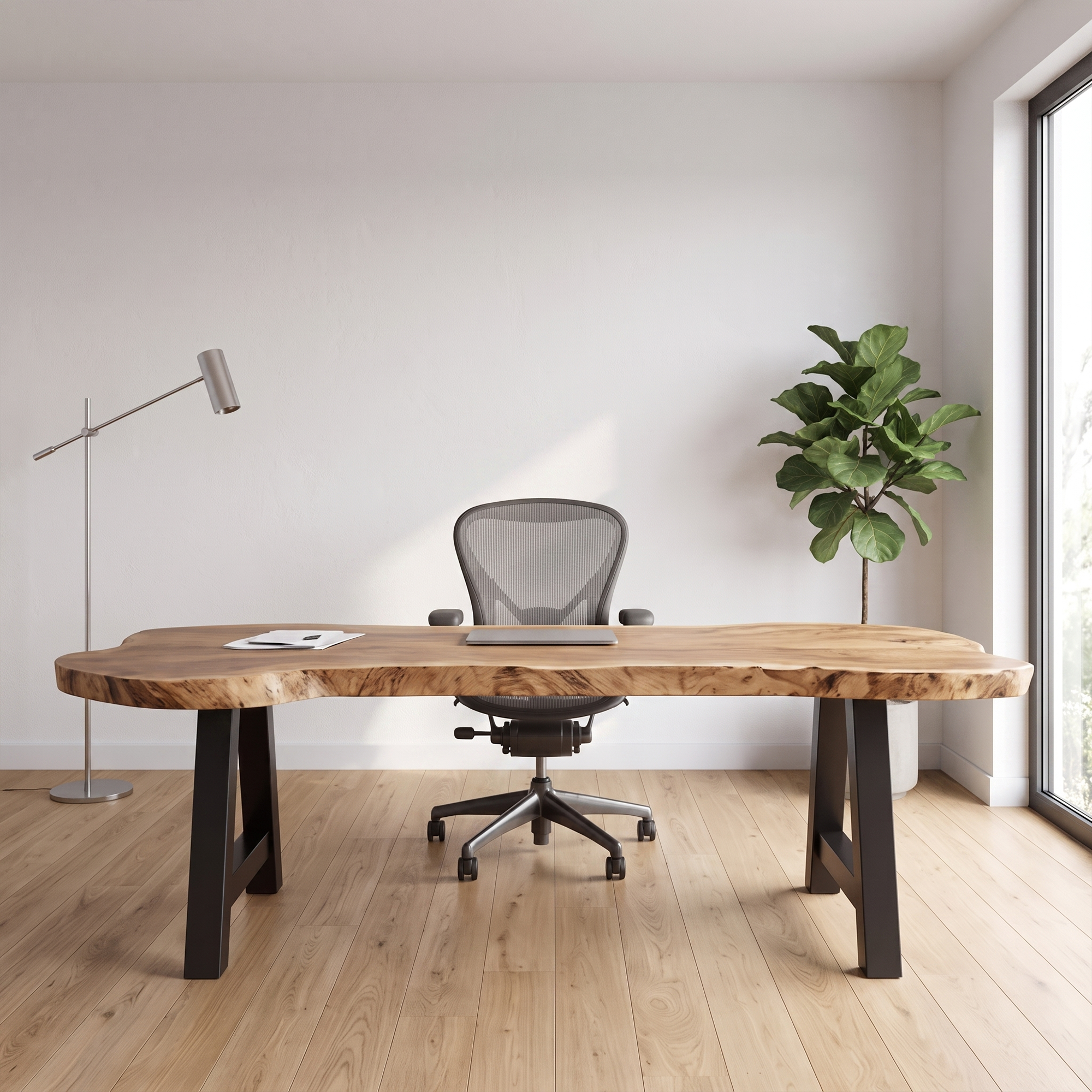 Rustic Writing Desk With Live Edge Wood Top And Metal Legs For Home Office